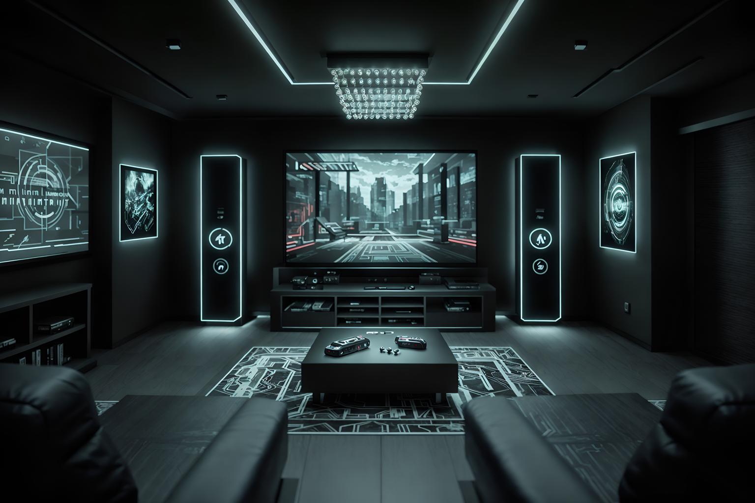 contemporary-style (gaming room interior) . with . . cinematic photo, highly detailed, cinematic lighting, ultra-detailed, ultrarealistic, photorealism, 8k. contemporary interior design style. masterpiece, cinematic light, ultrarealistic+, photorealistic+, 8k, raw photo, realistic, sharp focus on eyes, (symmetrical eyes), (intact eyes), hyperrealistic, highest quality, best quality, , highly detailed, masterpiece, best quality, extremely detailed 8k wallpaper, masterpiece, best quality, ultra-detailed, best shadow, detailed background, detailed face, detailed eyes, high contrast, best illumination, detailed face, dulux, caustic, dynamic angle, detailed glow. dramatic lighting. highly detailed, insanely detailed hair, symmetrical, intricate details, professionally retouched, 8k high definition. strong bokeh. award winning photo.