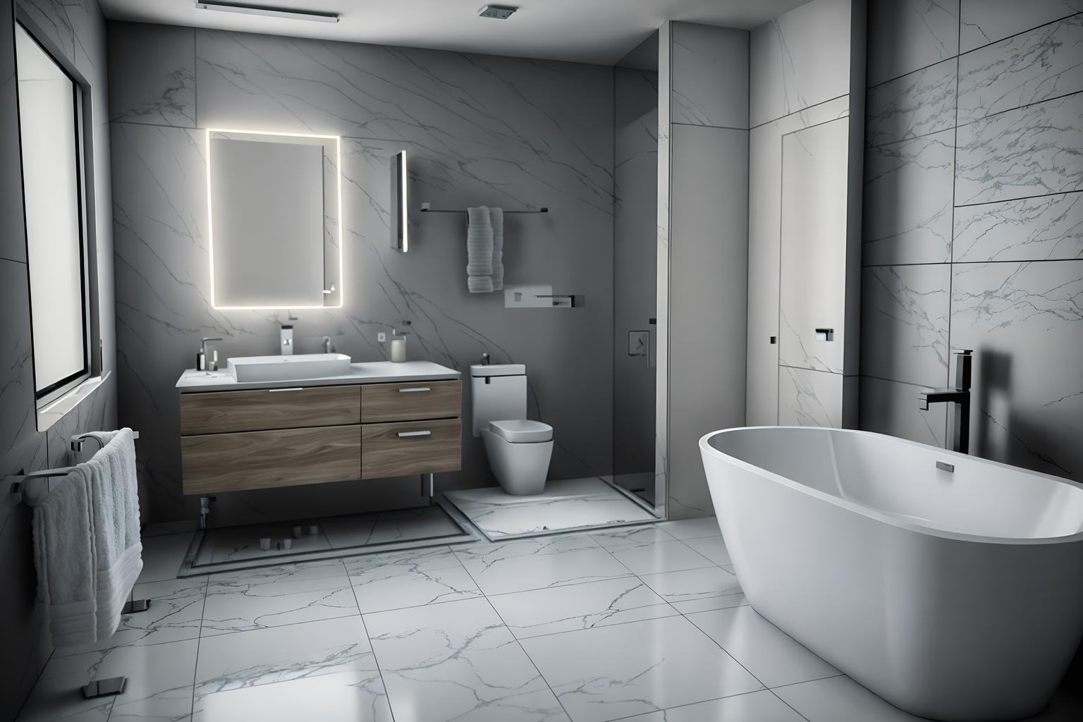 contemporary-style (bathroom interior) with bath rail and waste basket and bathroom sink with faucet and bathtub and toilet seat and bathroom cabinet and shower and bath towel. . with . . cinematic photo, highly detailed, cinematic lighting, ultra-detailed, ultrarealistic, photorealism, 8k. contemporary interior design style. masterpiece, cinematic light, ultrarealistic+, photorealistic+, 8k, raw photo, realistic, sharp focus on eyes, (symmetrical eyes), (intact eyes), hyperrealistic, highest quality, best quality, , highly detailed, masterpiece, best quality, extremely detailed 8k wallpaper, masterpiece, best quality, ultra-detailed, best shadow, detailed background, detailed face, detailed eyes, high contrast, best illumination, detailed face, dulux, caustic, dynamic angle, detailed glow. dramatic lighting. highly detailed, insanely detailed hair, symmetrical, intricate details, professionally retouched, 8k high definition. strong bokeh. award winning photo.