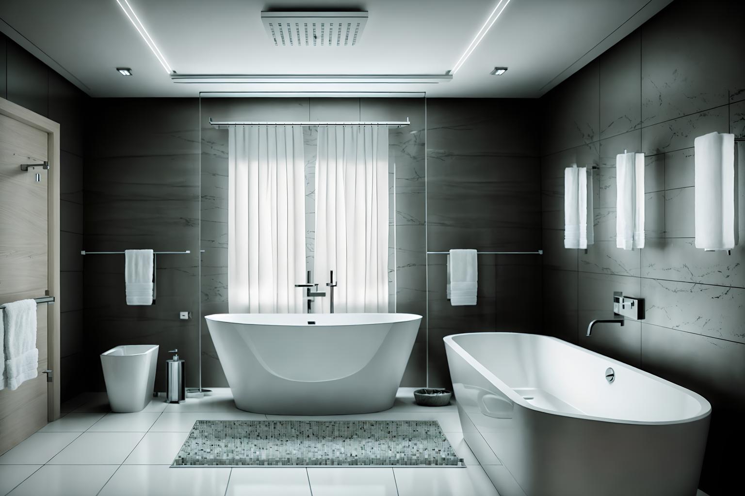 contemporary-style (bathroom interior) with bath rail and waste basket and bathroom sink with faucet and bathtub and toilet seat and bathroom cabinet and shower and bath towel. . with . . cinematic photo, highly detailed, cinematic lighting, ultra-detailed, ultrarealistic, photorealism, 8k. contemporary interior design style. masterpiece, cinematic light, ultrarealistic+, photorealistic+, 8k, raw photo, realistic, sharp focus on eyes, (symmetrical eyes), (intact eyes), hyperrealistic, highest quality, best quality, , highly detailed, masterpiece, best quality, extremely detailed 8k wallpaper, masterpiece, best quality, ultra-detailed, best shadow, detailed background, detailed face, detailed eyes, high contrast, best illumination, detailed face, dulux, caustic, dynamic angle, detailed glow. dramatic lighting. highly detailed, insanely detailed hair, symmetrical, intricate details, professionally retouched, 8k high definition. strong bokeh. award winning photo.