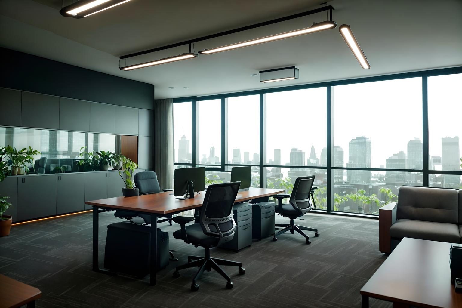 Contemporary-style Office Interior With Computer Desks And Plants And ...