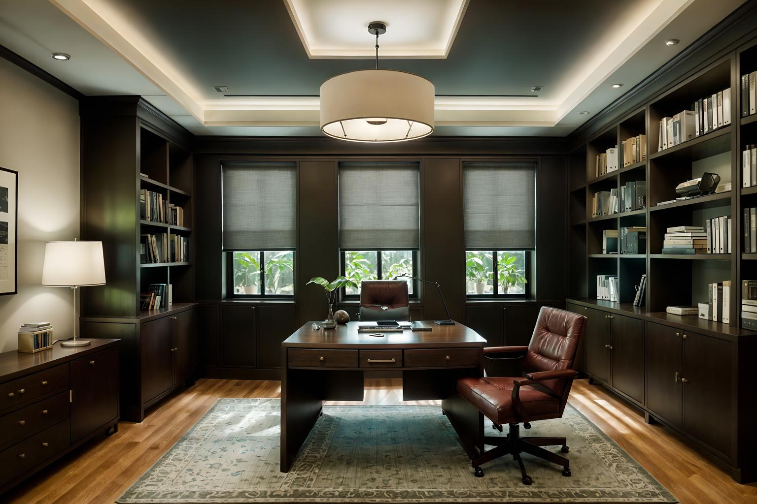 contemporary-style (study room interior) with cabinets and writing desk and plant and office chair and bookshelves and desk lamp and lounge chair and cabinets. . with . . cinematic photo, highly detailed, cinematic lighting, ultra-detailed, ultrarealistic, photorealism, 8k. contemporary interior design style. masterpiece, cinematic light, ultrarealistic+, photorealistic+, 8k, raw photo, realistic, sharp focus on eyes, (symmetrical eyes), (intact eyes), hyperrealistic, highest quality, best quality, , highly detailed, masterpiece, best quality, extremely detailed 8k wallpaper, masterpiece, best quality, ultra-detailed, best shadow, detailed background, detailed face, detailed eyes, high contrast, best illumination, detailed face, dulux, caustic, dynamic angle, detailed glow. dramatic lighting. highly detailed, insanely detailed hair, symmetrical, intricate details, professionally retouched, 8k high definition. strong bokeh. award winning photo.