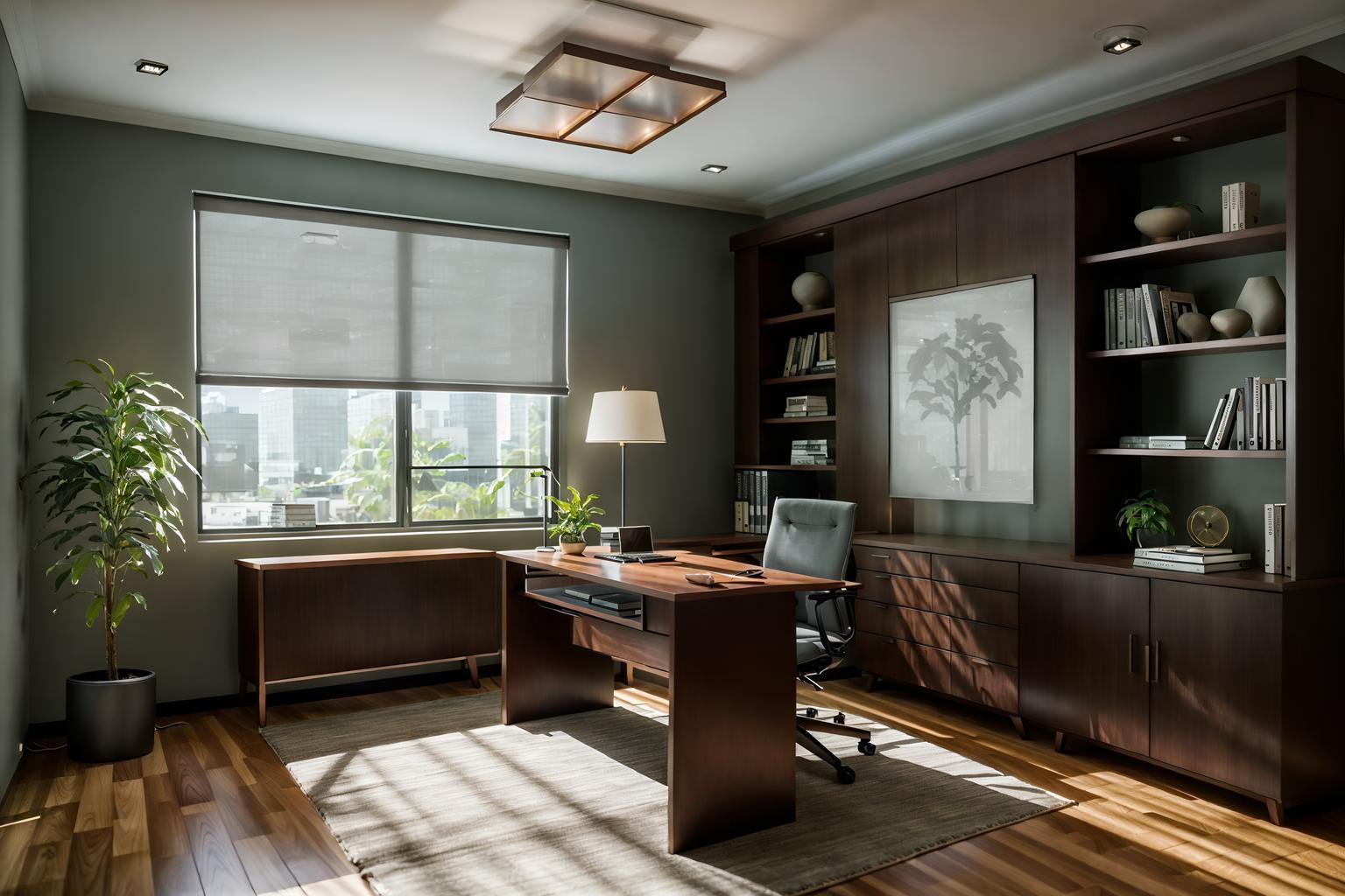 contemporary-style (study room interior) with cabinets and writing desk and plant and office chair and bookshelves and desk lamp and lounge chair and cabinets. . with . . cinematic photo, highly detailed, cinematic lighting, ultra-detailed, ultrarealistic, photorealism, 8k. contemporary interior design style. masterpiece, cinematic light, ultrarealistic+, photorealistic+, 8k, raw photo, realistic, sharp focus on eyes, (symmetrical eyes), (intact eyes), hyperrealistic, highest quality, best quality, , highly detailed, masterpiece, best quality, extremely detailed 8k wallpaper, masterpiece, best quality, ultra-detailed, best shadow, detailed background, detailed face, detailed eyes, high contrast, best illumination, detailed face, dulux, caustic, dynamic angle, detailed glow. dramatic lighting. highly detailed, insanely detailed hair, symmetrical, intricate details, professionally retouched, 8k high definition. strong bokeh. award winning photo.