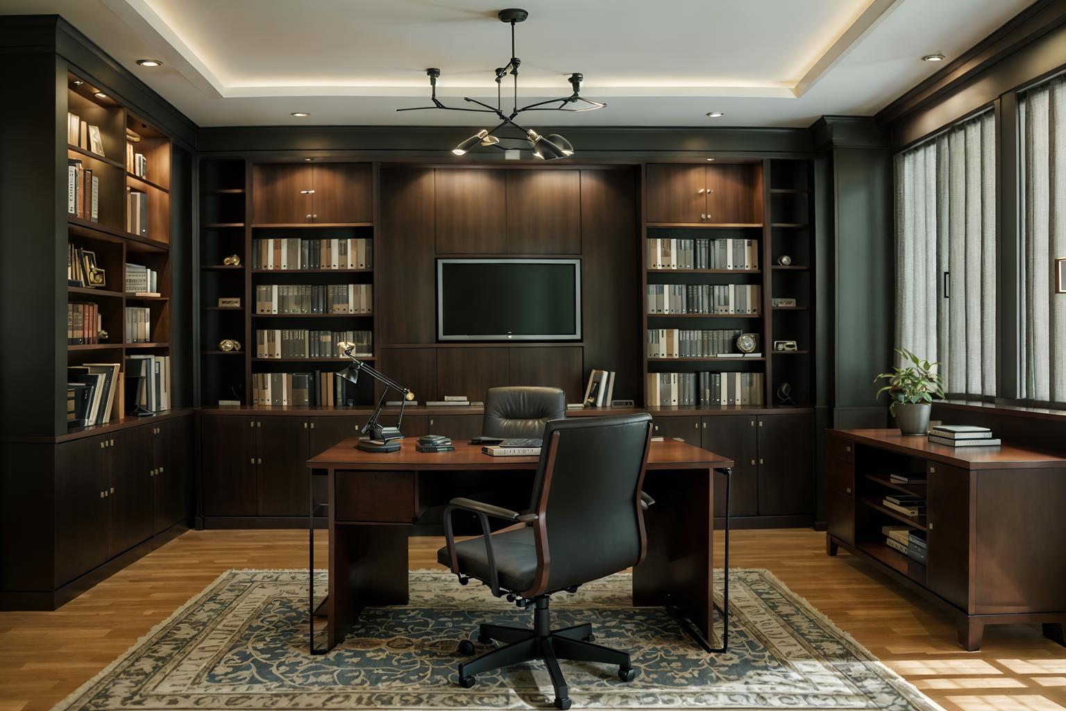 contemporary-style (study room interior) with cabinets and writing desk and plant and office chair and bookshelves and desk lamp and lounge chair and cabinets. . with . . cinematic photo, highly detailed, cinematic lighting, ultra-detailed, ultrarealistic, photorealism, 8k. contemporary interior design style. masterpiece, cinematic light, ultrarealistic+, photorealistic+, 8k, raw photo, realistic, sharp focus on eyes, (symmetrical eyes), (intact eyes), hyperrealistic, highest quality, best quality, , highly detailed, masterpiece, best quality, extremely detailed 8k wallpaper, masterpiece, best quality, ultra-detailed, best shadow, detailed background, detailed face, detailed eyes, high contrast, best illumination, detailed face, dulux, caustic, dynamic angle, detailed glow. dramatic lighting. highly detailed, insanely detailed hair, symmetrical, intricate details, professionally retouched, 8k high definition. strong bokeh. award winning photo.