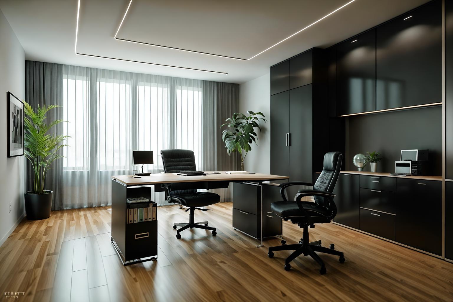 contemporary-style (home office interior) with office chair and plant and cabinets and computer desk and desk lamp and office chair. . with . . cinematic photo, highly detailed, cinematic lighting, ultra-detailed, ultrarealistic, photorealism, 8k. contemporary interior design style. masterpiece, cinematic light, ultrarealistic+, photorealistic+, 8k, raw photo, realistic, sharp focus on eyes, (symmetrical eyes), (intact eyes), hyperrealistic, highest quality, best quality, , highly detailed, masterpiece, best quality, extremely detailed 8k wallpaper, masterpiece, best quality, ultra-detailed, best shadow, detailed background, detailed face, detailed eyes, high contrast, best illumination, detailed face, dulux, caustic, dynamic angle, detailed glow. dramatic lighting. highly detailed, insanely detailed hair, symmetrical, intricate details, professionally retouched, 8k high definition. strong bokeh. award winning photo.