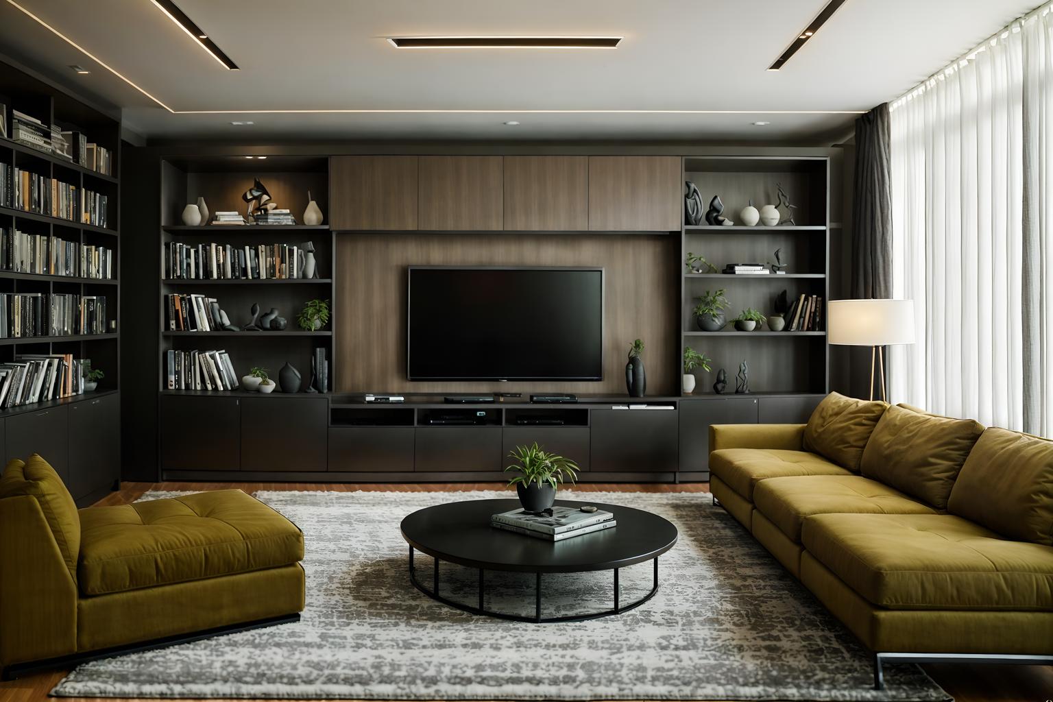 contemporary-style (living room interior) with televisions and bookshelves and coffee tables and electric lamps and chairs and plant and rug and occasional tables. . with . . cinematic photo, highly detailed, cinematic lighting, ultra-detailed, ultrarealistic, photorealism, 8k. contemporary interior design style. masterpiece, cinematic light, ultrarealistic+, photorealistic+, 8k, raw photo, realistic, sharp focus on eyes, (symmetrical eyes), (intact eyes), hyperrealistic, highest quality, best quality, , highly detailed, masterpiece, best quality, extremely detailed 8k wallpaper, masterpiece, best quality, ultra-detailed, best shadow, detailed background, detailed face, detailed eyes, high contrast, best illumination, detailed face, dulux, caustic, dynamic angle, detailed glow. dramatic lighting. highly detailed, insanely detailed hair, symmetrical, intricate details, professionally retouched, 8k high definition. strong bokeh. award winning photo.