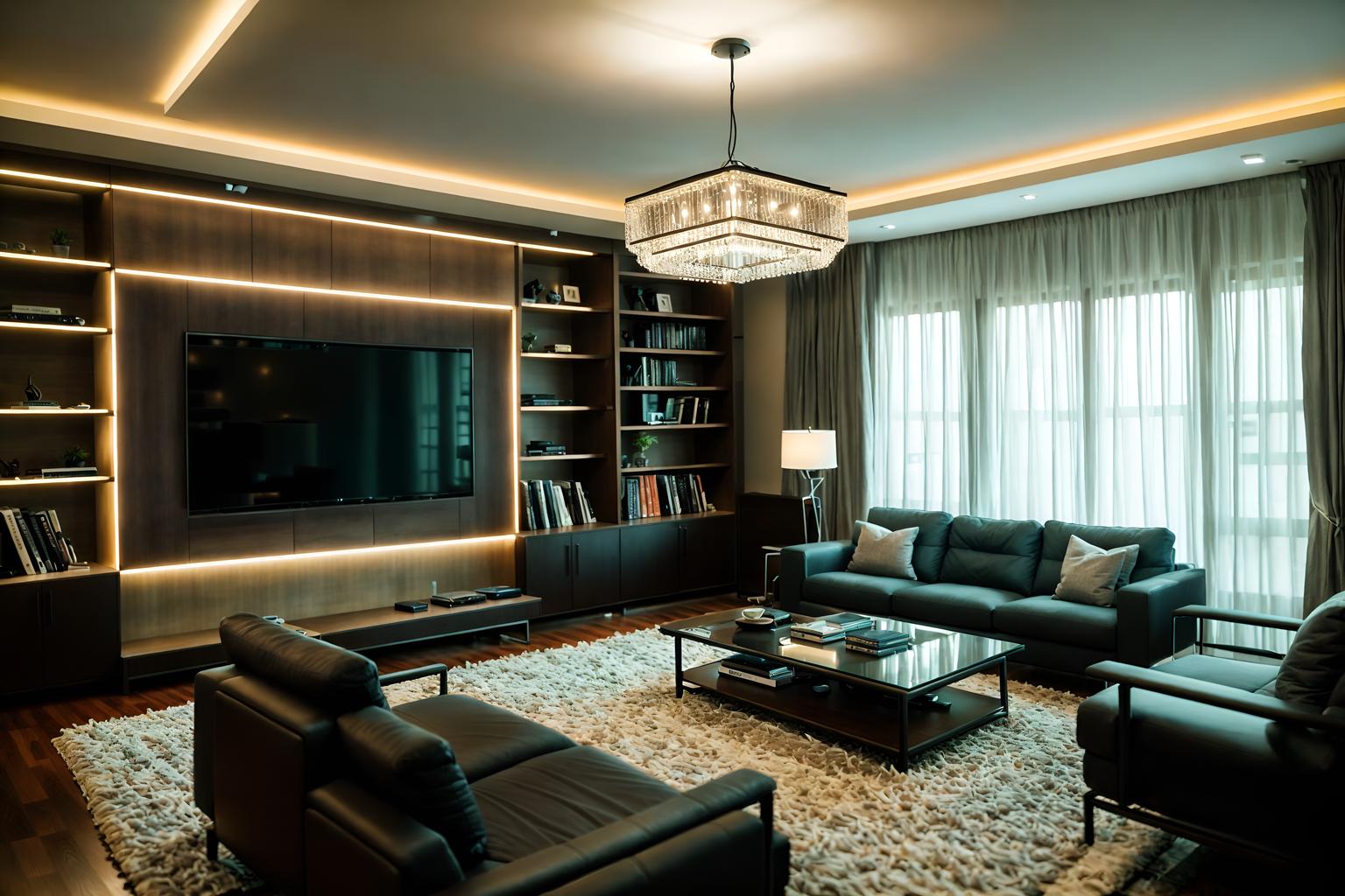 contemporary-style (living room interior) with televisions and bookshelves and coffee tables and electric lamps and chairs and plant and rug and occasional tables. . with . . cinematic photo, highly detailed, cinematic lighting, ultra-detailed, ultrarealistic, photorealism, 8k. contemporary interior design style. masterpiece, cinematic light, ultrarealistic+, photorealistic+, 8k, raw photo, realistic, sharp focus on eyes, (symmetrical eyes), (intact eyes), hyperrealistic, highest quality, best quality, , highly detailed, masterpiece, best quality, extremely detailed 8k wallpaper, masterpiece, best quality, ultra-detailed, best shadow, detailed background, detailed face, detailed eyes, high contrast, best illumination, detailed face, dulux, caustic, dynamic angle, detailed glow. dramatic lighting. highly detailed, insanely detailed hair, symmetrical, intricate details, professionally retouched, 8k high definition. strong bokeh. award winning photo.