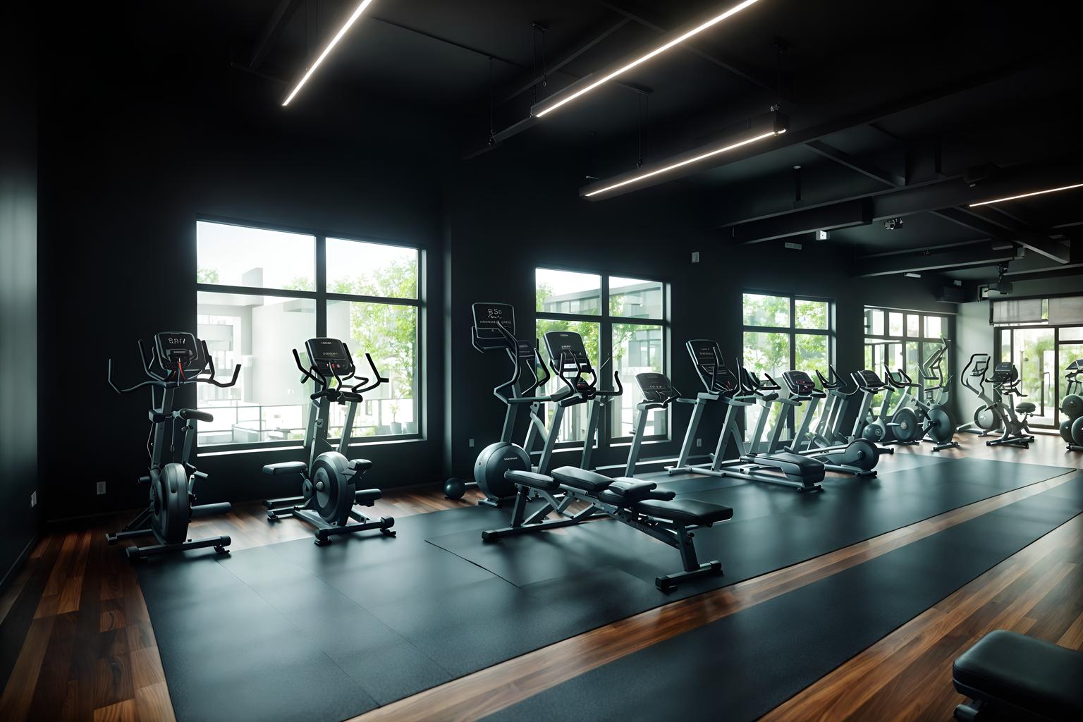 contemporary-style (fitness gym interior) with exercise bicycle and squat rack and dumbbell stand and crosstrainer and bench press and exercise bicycle. . with . . cinematic photo, highly detailed, cinematic lighting, ultra-detailed, ultrarealistic, photorealism, 8k. contemporary interior design style. masterpiece, cinematic light, ultrarealistic+, photorealistic+, 8k, raw photo, realistic, sharp focus on eyes, (symmetrical eyes), (intact eyes), hyperrealistic, highest quality, best quality, , highly detailed, masterpiece, best quality, extremely detailed 8k wallpaper, masterpiece, best quality, ultra-detailed, best shadow, detailed background, detailed face, detailed eyes, high contrast, best illumination, detailed face, dulux, caustic, dynamic angle, detailed glow. dramatic lighting. highly detailed, insanely detailed hair, symmetrical, intricate details, professionally retouched, 8k high definition. strong bokeh. award winning photo.