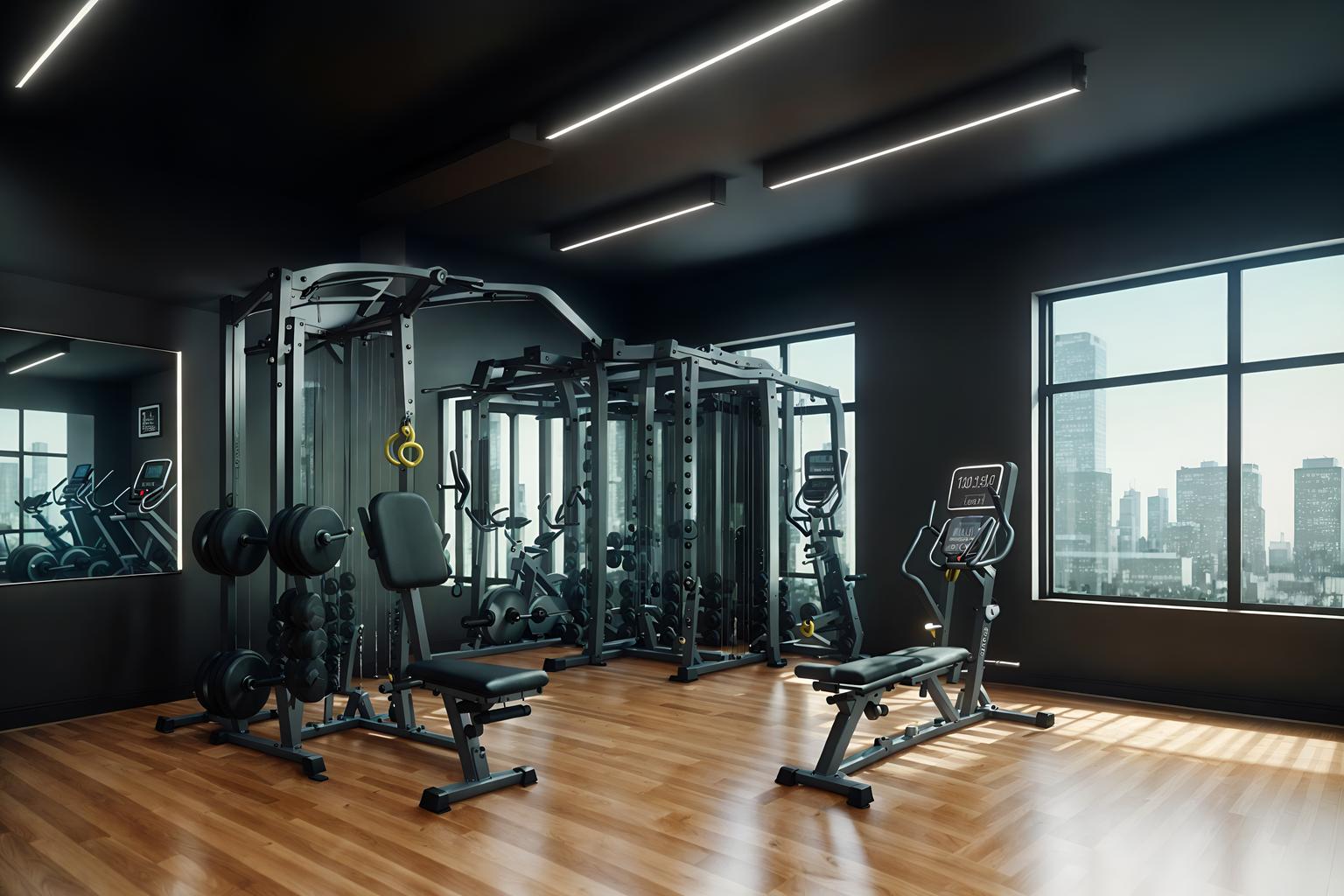 contemporary-style (fitness gym interior) with exercise bicycle and squat rack and dumbbell stand and crosstrainer and bench press and exercise bicycle. . with . . cinematic photo, highly detailed, cinematic lighting, ultra-detailed, ultrarealistic, photorealism, 8k. contemporary interior design style. masterpiece, cinematic light, ultrarealistic+, photorealistic+, 8k, raw photo, realistic, sharp focus on eyes, (symmetrical eyes), (intact eyes), hyperrealistic, highest quality, best quality, , highly detailed, masterpiece, best quality, extremely detailed 8k wallpaper, masterpiece, best quality, ultra-detailed, best shadow, detailed background, detailed face, detailed eyes, high contrast, best illumination, detailed face, dulux, caustic, dynamic angle, detailed glow. dramatic lighting. highly detailed, insanely detailed hair, symmetrical, intricate details, professionally retouched, 8k high definition. strong bokeh. award winning photo.