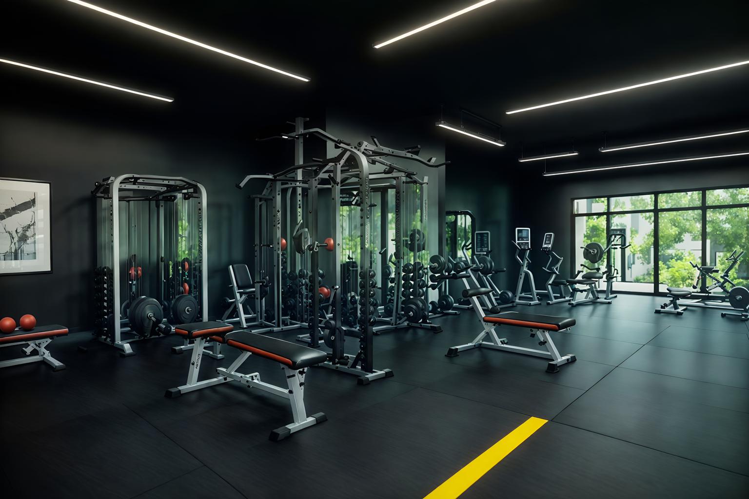 contemporary-style (fitness gym interior) with exercise bicycle and squat rack and dumbbell stand and crosstrainer and bench press and exercise bicycle. . with . . cinematic photo, highly detailed, cinematic lighting, ultra-detailed, ultrarealistic, photorealism, 8k. contemporary interior design style. masterpiece, cinematic light, ultrarealistic+, photorealistic+, 8k, raw photo, realistic, sharp focus on eyes, (symmetrical eyes), (intact eyes), hyperrealistic, highest quality, best quality, , highly detailed, masterpiece, best quality, extremely detailed 8k wallpaper, masterpiece, best quality, ultra-detailed, best shadow, detailed background, detailed face, detailed eyes, high contrast, best illumination, detailed face, dulux, caustic, dynamic angle, detailed glow. dramatic lighting. highly detailed, insanely detailed hair, symmetrical, intricate details, professionally retouched, 8k high definition. strong bokeh. award winning photo.