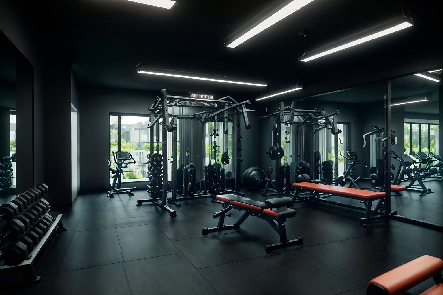 contemporary-style (fitness gym interior) with exercise bicycle and squat rack and dumbbell stand and crosstrainer and bench press and exercise bicycle. . with . . cinematic photo, highly detailed, cinematic lighting, ultra-detailed, ultrarealistic, photorealism, 8k. contemporary interior design style. masterpiece, cinematic light, ultrarealistic+, photorealistic+, 8k, raw photo, realistic, sharp focus on eyes, (symmetrical eyes), (intact eyes), hyperrealistic, highest quality, best quality, , highly detailed, masterpiece, best quality, extremely detailed 8k wallpaper, masterpiece, best quality, ultra-detailed, best shadow, detailed background, detailed face, detailed eyes, high contrast, best illumination, detailed face, dulux, caustic, dynamic angle, detailed glow. dramatic lighting. highly detailed, insanely detailed hair, symmetrical, intricate details, professionally retouched, 8k high definition. strong bokeh. award winning photo.