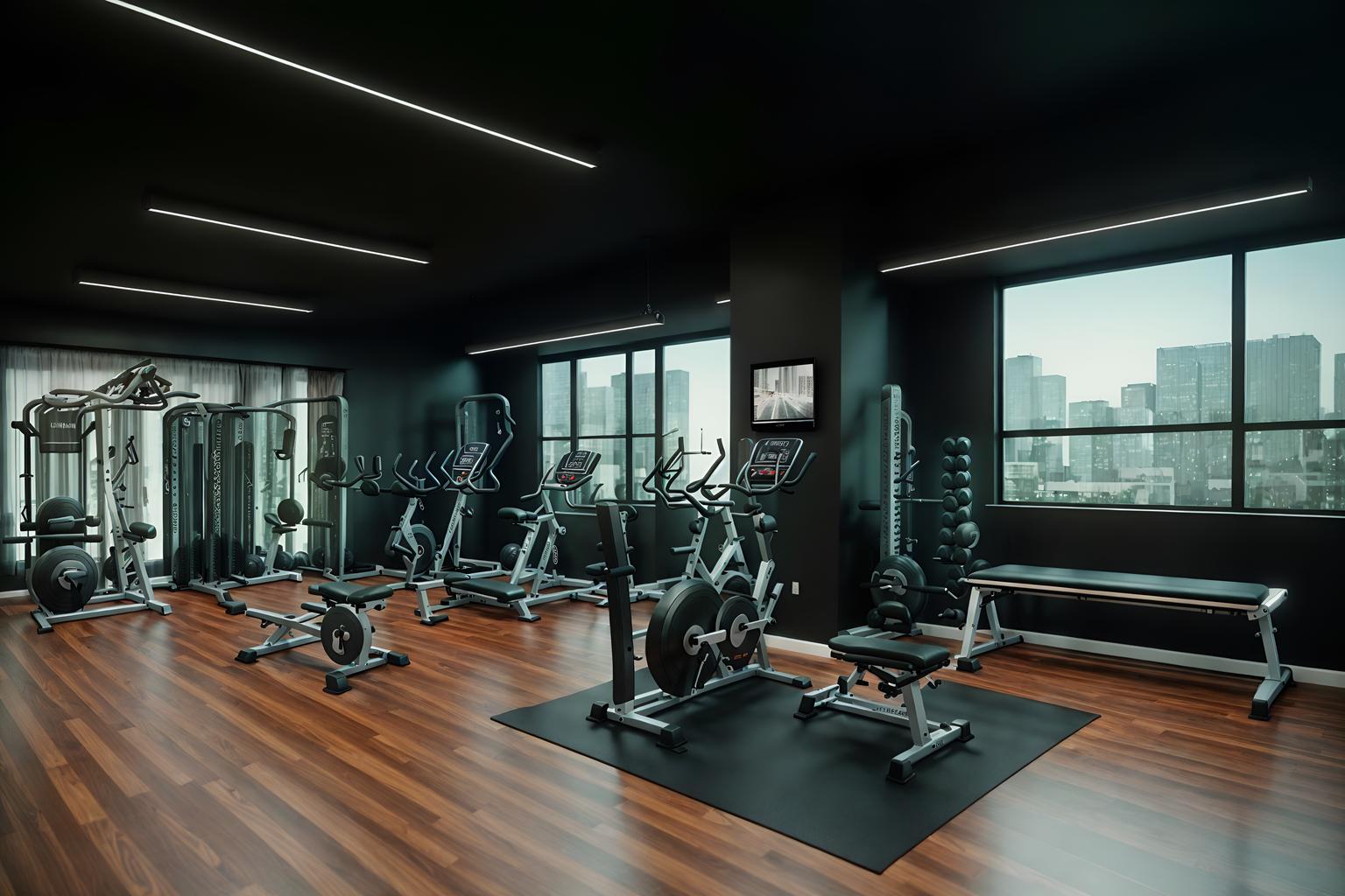 contemporary-style (fitness gym interior) with exercise bicycle and squat rack and dumbbell stand and crosstrainer and bench press and exercise bicycle. . with . . cinematic photo, highly detailed, cinematic lighting, ultra-detailed, ultrarealistic, photorealism, 8k. contemporary interior design style. masterpiece, cinematic light, ultrarealistic+, photorealistic+, 8k, raw photo, realistic, sharp focus on eyes, (symmetrical eyes), (intact eyes), hyperrealistic, highest quality, best quality, , highly detailed, masterpiece, best quality, extremely detailed 8k wallpaper, masterpiece, best quality, ultra-detailed, best shadow, detailed background, detailed face, detailed eyes, high contrast, best illumination, detailed face, dulux, caustic, dynamic angle, detailed glow. dramatic lighting. highly detailed, insanely detailed hair, symmetrical, intricate details, professionally retouched, 8k high definition. strong bokeh. award winning photo.