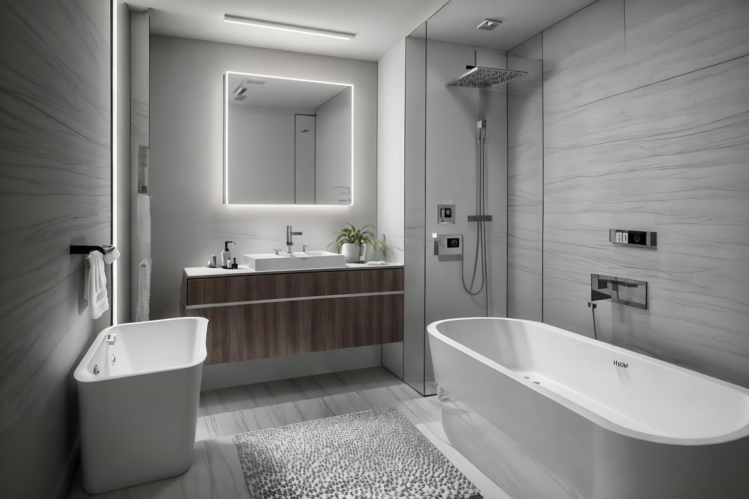 contemporary-style (hotel bathroom interior) with shower and waste basket and mirror and bath towel and bathtub and bathroom cabinet and plant and bath rail. . with . . cinematic photo, highly detailed, cinematic lighting, ultra-detailed, ultrarealistic, photorealism, 8k. contemporary interior design style. masterpiece, cinematic light, ultrarealistic+, photorealistic+, 8k, raw photo, realistic, sharp focus on eyes, (symmetrical eyes), (intact eyes), hyperrealistic, highest quality, best quality, , highly detailed, masterpiece, best quality, extremely detailed 8k wallpaper, masterpiece, best quality, ultra-detailed, best shadow, detailed background, detailed face, detailed eyes, high contrast, best illumination, detailed face, dulux, caustic, dynamic angle, detailed glow. dramatic lighting. highly detailed, insanely detailed hair, symmetrical, intricate details, professionally retouched, 8k high definition. strong bokeh. award winning photo.