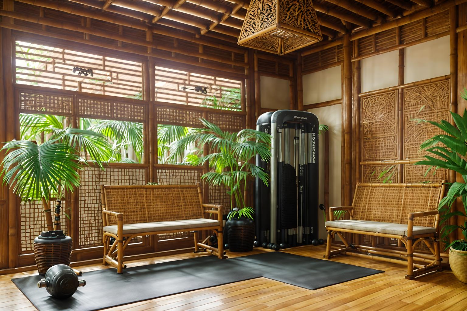 tropical-style (fitness gym interior) with squat rack and bench press and exercise bicycle and dumbbell stand and crosstrainer and squat rack. . with bamboo and teak and wicker and rattan and cane motifs and palm leaves and lattice prints and palm trees. . cinematic photo, highly detailed, cinematic lighting, ultra-detailed, ultrarealistic, photorealism, 8k. tropical interior design style. masterpiece, cinematic light, ultrarealistic+, photorealistic+, 8k, raw photo, realistic, sharp focus on eyes, (symmetrical eyes), (intact eyes), hyperrealistic, highest quality, best quality, , highly detailed, masterpiece, best quality, extremely detailed 8k wallpaper, masterpiece, best quality, ultra-detailed, best shadow, detailed background, detailed face, detailed eyes, high contrast, best illumination, detailed face, dulux, caustic, dynamic angle, detailed glow. dramatic lighting. highly detailed, insanely detailed hair, symmetrical, intricate details, professionally retouched, 8k high definition. strong bokeh. award winning photo.