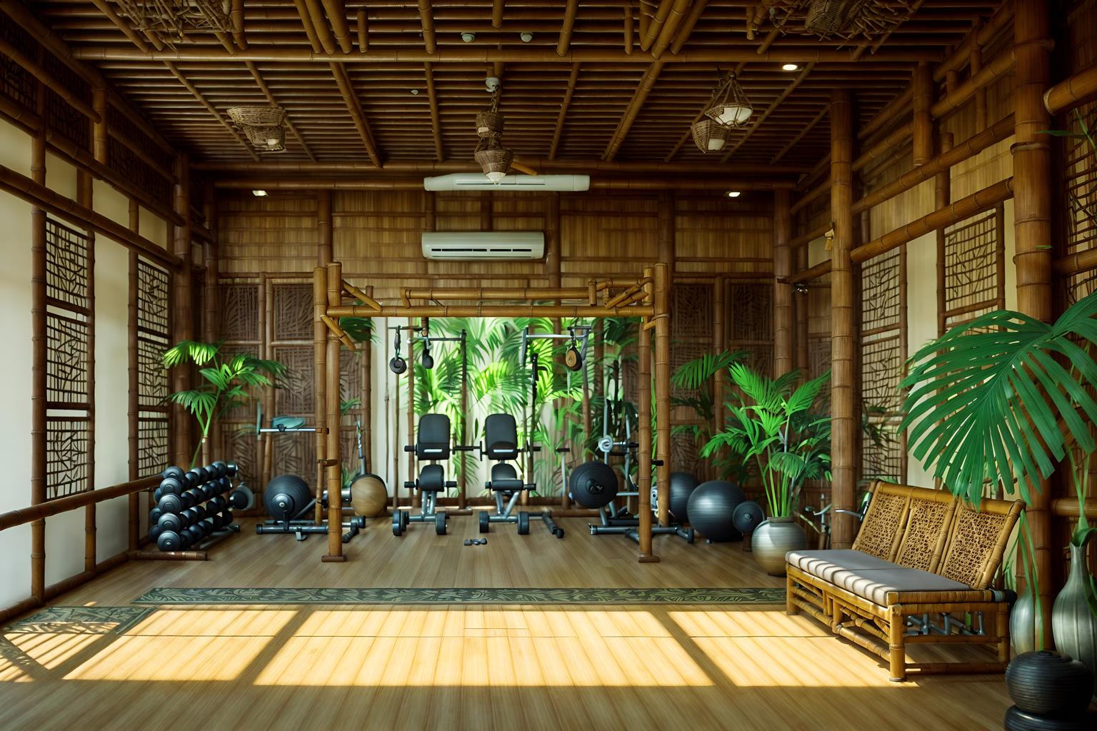 tropical-style (fitness gym interior) with squat rack and bench press and exercise bicycle and dumbbell stand and crosstrainer and squat rack. . with bamboo and teak and wicker and rattan and cane motifs and palm leaves and lattice prints and palm trees. . cinematic photo, highly detailed, cinematic lighting, ultra-detailed, ultrarealistic, photorealism, 8k. tropical interior design style. masterpiece, cinematic light, ultrarealistic+, photorealistic+, 8k, raw photo, realistic, sharp focus on eyes, (symmetrical eyes), (intact eyes), hyperrealistic, highest quality, best quality, , highly detailed, masterpiece, best quality, extremely detailed 8k wallpaper, masterpiece, best quality, ultra-detailed, best shadow, detailed background, detailed face, detailed eyes, high contrast, best illumination, detailed face, dulux, caustic, dynamic angle, detailed glow. dramatic lighting. highly detailed, insanely detailed hair, symmetrical, intricate details, professionally retouched, 8k high definition. strong bokeh. award winning photo.