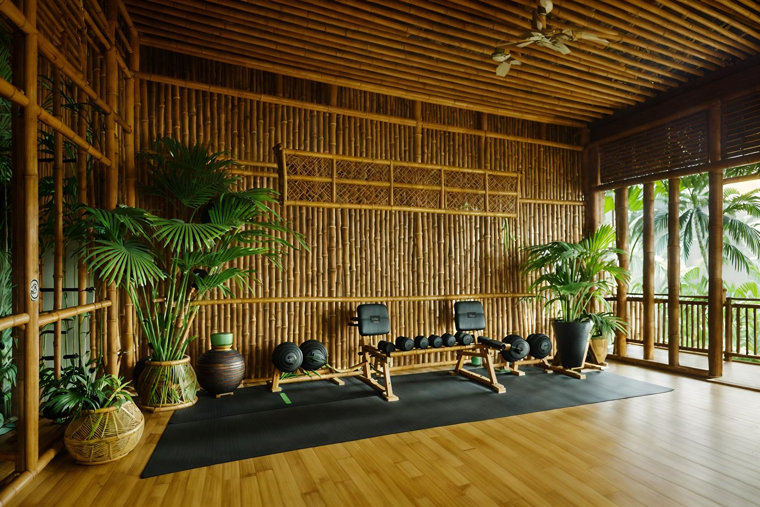 tropical-style (fitness gym interior) with squat rack and bench press and exercise bicycle and dumbbell stand and crosstrainer and squat rack. . with bamboo and teak and wicker and rattan and cane motifs and palm leaves and lattice prints and palm trees. . cinematic photo, highly detailed, cinematic lighting, ultra-detailed, ultrarealistic, photorealism, 8k. tropical interior design style. masterpiece, cinematic light, ultrarealistic+, photorealistic+, 8k, raw photo, realistic, sharp focus on eyes, (symmetrical eyes), (intact eyes), hyperrealistic, highest quality, best quality, , highly detailed, masterpiece, best quality, extremely detailed 8k wallpaper, masterpiece, best quality, ultra-detailed, best shadow, detailed background, detailed face, detailed eyes, high contrast, best illumination, detailed face, dulux, caustic, dynamic angle, detailed glow. dramatic lighting. highly detailed, insanely detailed hair, symmetrical, intricate details, professionally retouched, 8k high definition. strong bokeh. award winning photo.