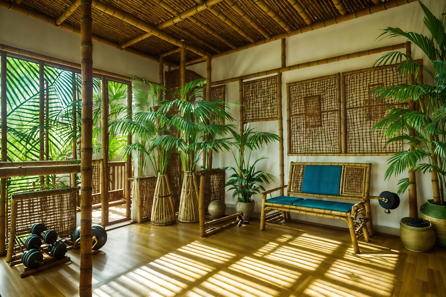 tropical-style (fitness gym interior) with squat rack and bench press and exercise bicycle and dumbbell stand and crosstrainer and squat rack. . with bamboo and teak and wicker and rattan and cane motifs and palm leaves and lattice prints and palm trees. . cinematic photo, highly detailed, cinematic lighting, ultra-detailed, ultrarealistic, photorealism, 8k. tropical interior design style. masterpiece, cinematic light, ultrarealistic+, photorealistic+, 8k, raw photo, realistic, sharp focus on eyes, (symmetrical eyes), (intact eyes), hyperrealistic, highest quality, best quality, , highly detailed, masterpiece, best quality, extremely detailed 8k wallpaper, masterpiece, best quality, ultra-detailed, best shadow, detailed background, detailed face, detailed eyes, high contrast, best illumination, detailed face, dulux, caustic, dynamic angle, detailed glow. dramatic lighting. highly detailed, insanely detailed hair, symmetrical, intricate details, professionally retouched, 8k high definition. strong bokeh. award winning photo.