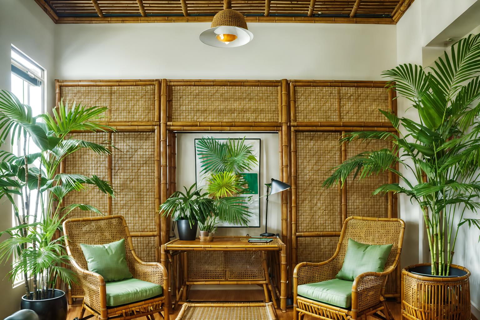 tropical-style (office interior) with lounge chairs and office chairs and windows and cabinets and plants and computer desks and office desks and desk lamps. . with wicker and teak and cane motifs and palm leaves and bamboo and lattice prints and rattan and palm trees. . cinematic photo, highly detailed, cinematic lighting, ultra-detailed, ultrarealistic, photorealism, 8k. tropical interior design style. masterpiece, cinematic light, ultrarealistic+, photorealistic+, 8k, raw photo, realistic, sharp focus on eyes, (symmetrical eyes), (intact eyes), hyperrealistic, highest quality, best quality, , highly detailed, masterpiece, best quality, extremely detailed 8k wallpaper, masterpiece, best quality, ultra-detailed, best shadow, detailed background, detailed face, detailed eyes, high contrast, best illumination, detailed face, dulux, caustic, dynamic angle, detailed glow. dramatic lighting. highly detailed, insanely detailed hair, symmetrical, intricate details, professionally retouched, 8k high definition. strong bokeh. award winning photo.