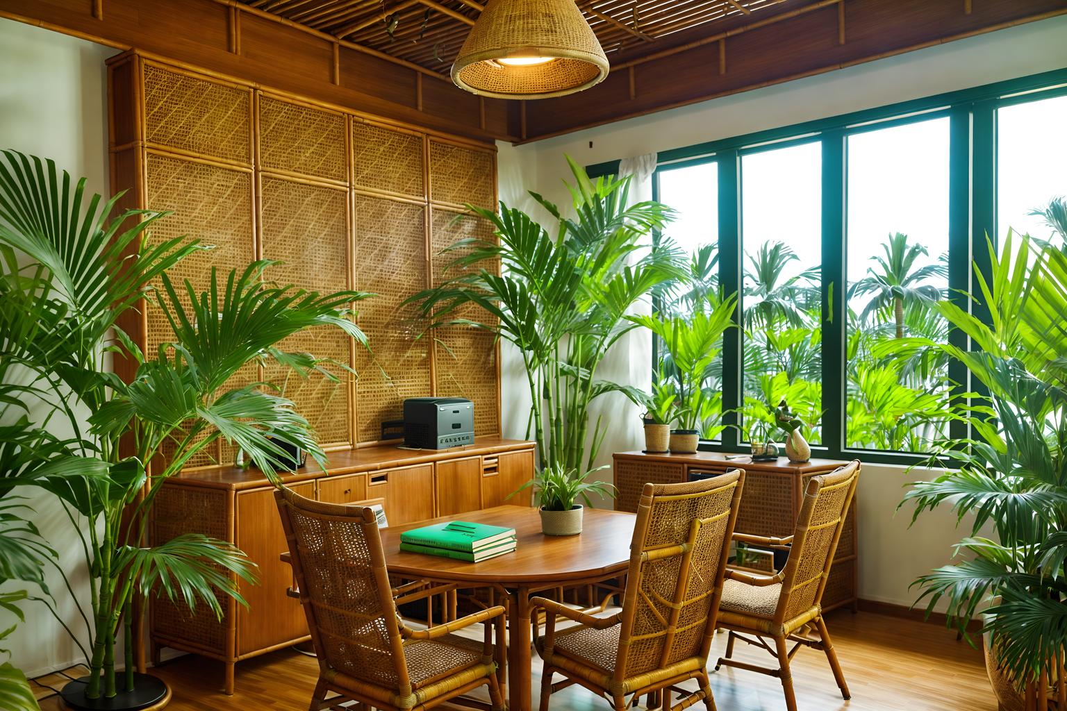 tropical-style (office interior) with lounge chairs and office chairs and windows and cabinets and plants and computer desks and office desks and desk lamps. . with wicker and teak and cane motifs and palm leaves and bamboo and lattice prints and rattan and palm trees. . cinematic photo, highly detailed, cinematic lighting, ultra-detailed, ultrarealistic, photorealism, 8k. tropical interior design style. masterpiece, cinematic light, ultrarealistic+, photorealistic+, 8k, raw photo, realistic, sharp focus on eyes, (symmetrical eyes), (intact eyes), hyperrealistic, highest quality, best quality, , highly detailed, masterpiece, best quality, extremely detailed 8k wallpaper, masterpiece, best quality, ultra-detailed, best shadow, detailed background, detailed face, detailed eyes, high contrast, best illumination, detailed face, dulux, caustic, dynamic angle, detailed glow. dramatic lighting. highly detailed, insanely detailed hair, symmetrical, intricate details, professionally retouched, 8k high definition. strong bokeh. award winning photo.