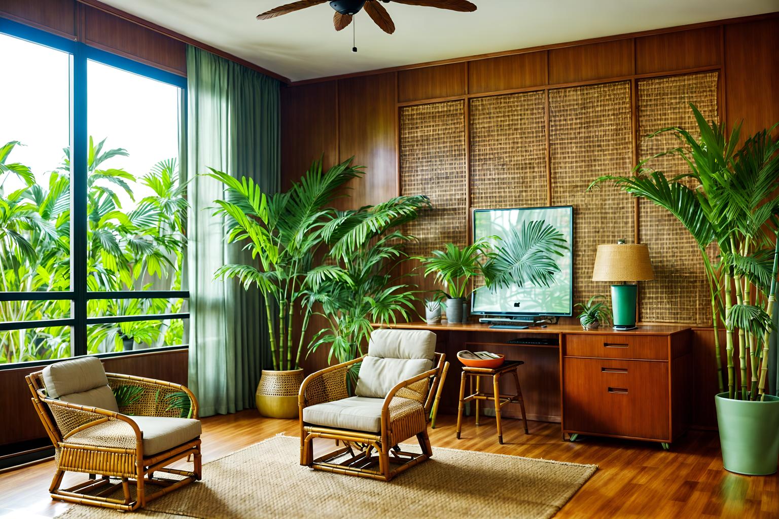 tropical-style (office interior) with lounge chairs and office chairs and windows and cabinets and plants and computer desks and office desks and desk lamps. . with wicker and teak and cane motifs and palm leaves and bamboo and lattice prints and rattan and palm trees. . cinematic photo, highly detailed, cinematic lighting, ultra-detailed, ultrarealistic, photorealism, 8k. tropical interior design style. masterpiece, cinematic light, ultrarealistic+, photorealistic+, 8k, raw photo, realistic, sharp focus on eyes, (symmetrical eyes), (intact eyes), hyperrealistic, highest quality, best quality, , highly detailed, masterpiece, best quality, extremely detailed 8k wallpaper, masterpiece, best quality, ultra-detailed, best shadow, detailed background, detailed face, detailed eyes, high contrast, best illumination, detailed face, dulux, caustic, dynamic angle, detailed glow. dramatic lighting. highly detailed, insanely detailed hair, symmetrical, intricate details, professionally retouched, 8k high definition. strong bokeh. award winning photo.