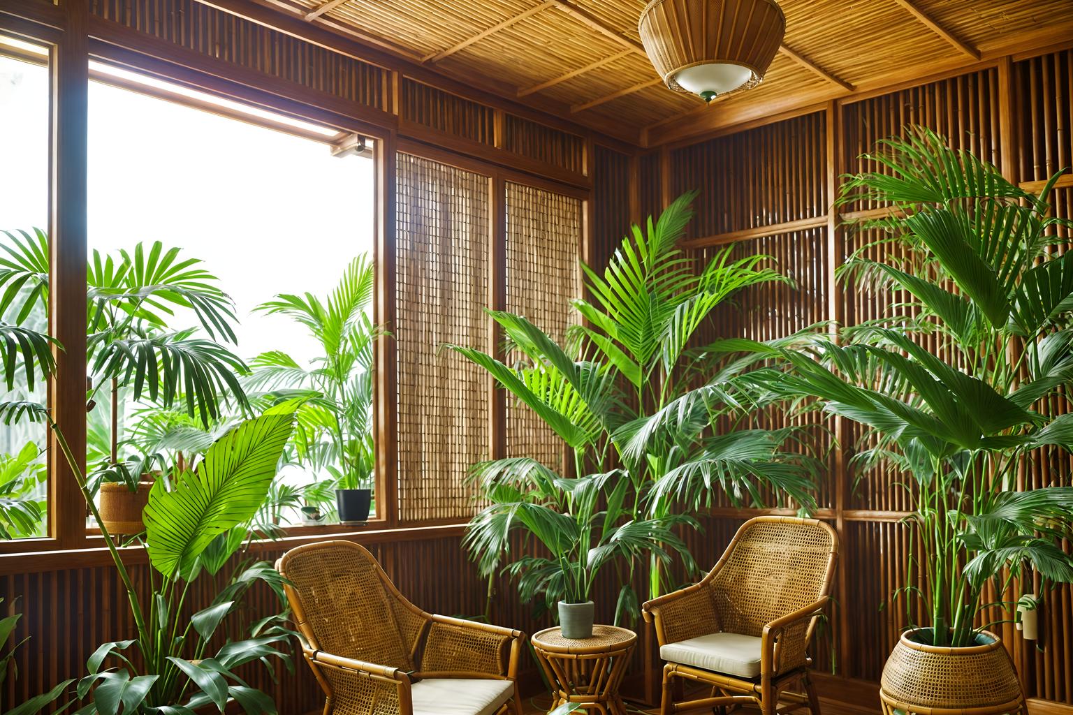 tropical-style (office interior) with lounge chairs and office chairs and windows and cabinets and plants and computer desks and office desks and desk lamps. . with wicker and teak and cane motifs and palm leaves and bamboo and lattice prints and rattan and palm trees. . cinematic photo, highly detailed, cinematic lighting, ultra-detailed, ultrarealistic, photorealism, 8k. tropical interior design style. masterpiece, cinematic light, ultrarealistic+, photorealistic+, 8k, raw photo, realistic, sharp focus on eyes, (symmetrical eyes), (intact eyes), hyperrealistic, highest quality, best quality, , highly detailed, masterpiece, best quality, extremely detailed 8k wallpaper, masterpiece, best quality, ultra-detailed, best shadow, detailed background, detailed face, detailed eyes, high contrast, best illumination, detailed face, dulux, caustic, dynamic angle, detailed glow. dramatic lighting. highly detailed, insanely detailed hair, symmetrical, intricate details, professionally retouched, 8k high definition. strong bokeh. award winning photo.