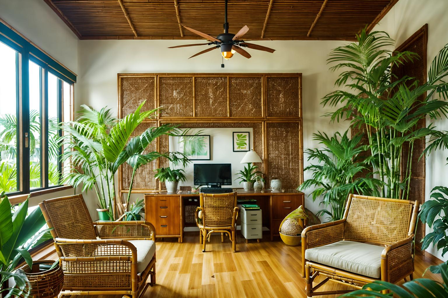 tropical-style (office interior) with lounge chairs and office chairs and windows and cabinets and plants and computer desks and office desks and desk lamps. . with wicker and teak and cane motifs and palm leaves and bamboo and lattice prints and rattan and palm trees. . cinematic photo, highly detailed, cinematic lighting, ultra-detailed, ultrarealistic, photorealism, 8k. tropical interior design style. masterpiece, cinematic light, ultrarealistic+, photorealistic+, 8k, raw photo, realistic, sharp focus on eyes, (symmetrical eyes), (intact eyes), hyperrealistic, highest quality, best quality, , highly detailed, masterpiece, best quality, extremely detailed 8k wallpaper, masterpiece, best quality, ultra-detailed, best shadow, detailed background, detailed face, detailed eyes, high contrast, best illumination, detailed face, dulux, caustic, dynamic angle, detailed glow. dramatic lighting. highly detailed, insanely detailed hair, symmetrical, intricate details, professionally retouched, 8k high definition. strong bokeh. award winning photo.