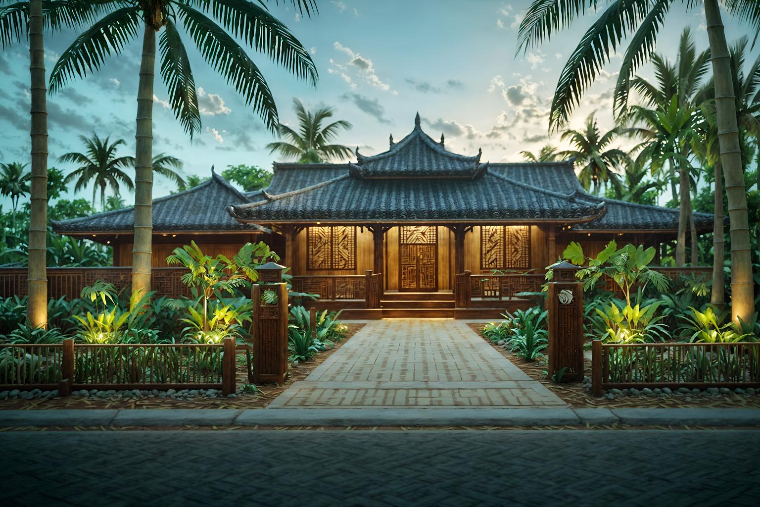 tropical-style exterior designed (house exterior exterior) . with cane motifs and bamboo and lattice prints and palm trees and wicker and teak and palm leaves and rattan. . cinematic photo, highly detailed, cinematic lighting, ultra-detailed, ultrarealistic, photorealism, 8k. tropical exterior design style. masterpiece, cinematic light, ultrarealistic+, photorealistic+, 8k, raw photo, realistic, sharp focus on eyes, (symmetrical eyes), (intact eyes), hyperrealistic, highest quality, best quality, , highly detailed, masterpiece, best quality, extremely detailed 8k wallpaper, masterpiece, best quality, ultra-detailed, best shadow, detailed background, detailed face, detailed eyes, high contrast, best illumination, detailed face, dulux, caustic, dynamic angle, detailed glow. dramatic lighting. highly detailed, insanely detailed hair, symmetrical, intricate details, professionally retouched, 8k high definition. strong bokeh. award winning photo.