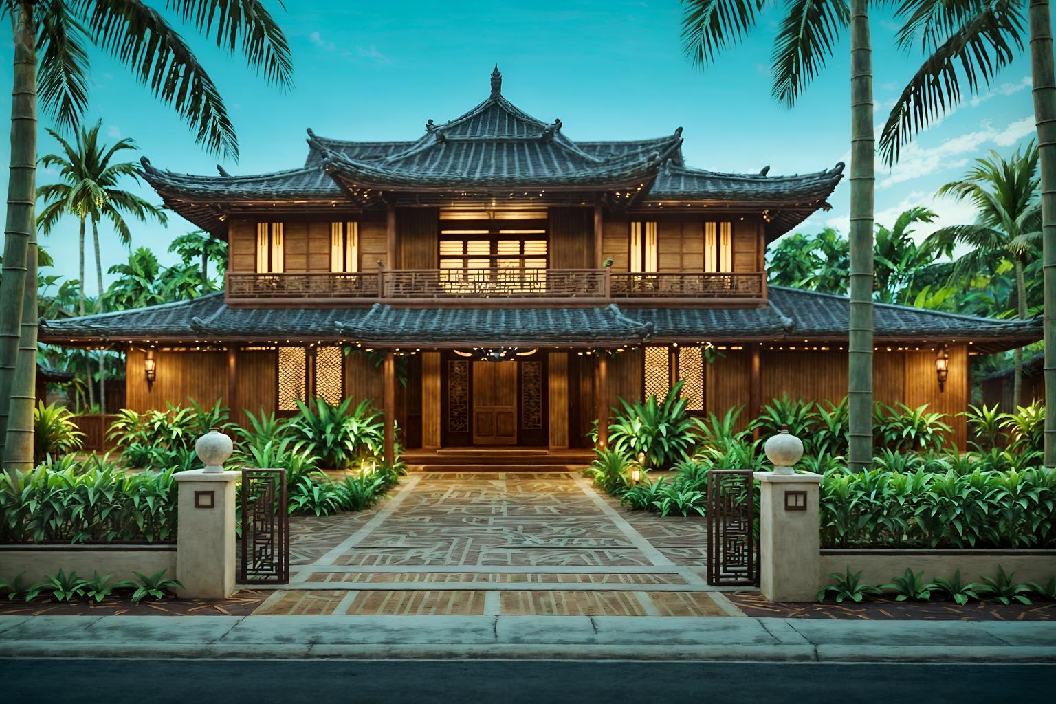 tropical-style exterior designed (house exterior exterior) . with cane motifs and bamboo and lattice prints and palm trees and wicker and teak and palm leaves and rattan. . cinematic photo, highly detailed, cinematic lighting, ultra-detailed, ultrarealistic, photorealism, 8k. tropical exterior design style. masterpiece, cinematic light, ultrarealistic+, photorealistic+, 8k, raw photo, realistic, sharp focus on eyes, (symmetrical eyes), (intact eyes), hyperrealistic, highest quality, best quality, , highly detailed, masterpiece, best quality, extremely detailed 8k wallpaper, masterpiece, best quality, ultra-detailed, best shadow, detailed background, detailed face, detailed eyes, high contrast, best illumination, detailed face, dulux, caustic, dynamic angle, detailed glow. dramatic lighting. highly detailed, insanely detailed hair, symmetrical, intricate details, professionally retouched, 8k high definition. strong bokeh. award winning photo.