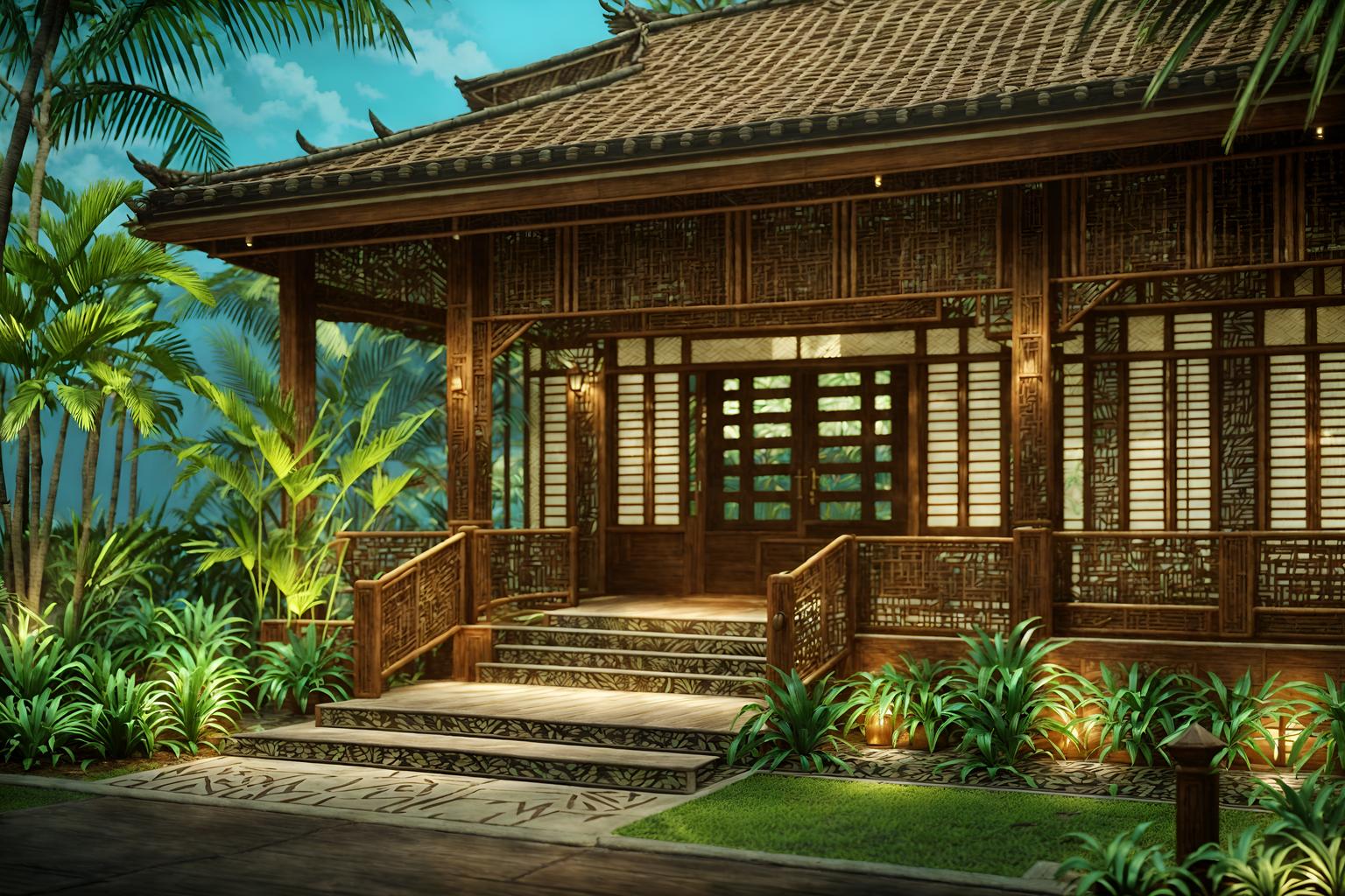 tropical-style exterior designed (house exterior exterior) . with cane motifs and bamboo and lattice prints and palm trees and wicker and teak and palm leaves and rattan. . cinematic photo, highly detailed, cinematic lighting, ultra-detailed, ultrarealistic, photorealism, 8k. tropical exterior design style. masterpiece, cinematic light, ultrarealistic+, photorealistic+, 8k, raw photo, realistic, sharp focus on eyes, (symmetrical eyes), (intact eyes), hyperrealistic, highest quality, best quality, , highly detailed, masterpiece, best quality, extremely detailed 8k wallpaper, masterpiece, best quality, ultra-detailed, best shadow, detailed background, detailed face, detailed eyes, high contrast, best illumination, detailed face, dulux, caustic, dynamic angle, detailed glow. dramatic lighting. highly detailed, insanely detailed hair, symmetrical, intricate details, professionally retouched, 8k high definition. strong bokeh. award winning photo.
