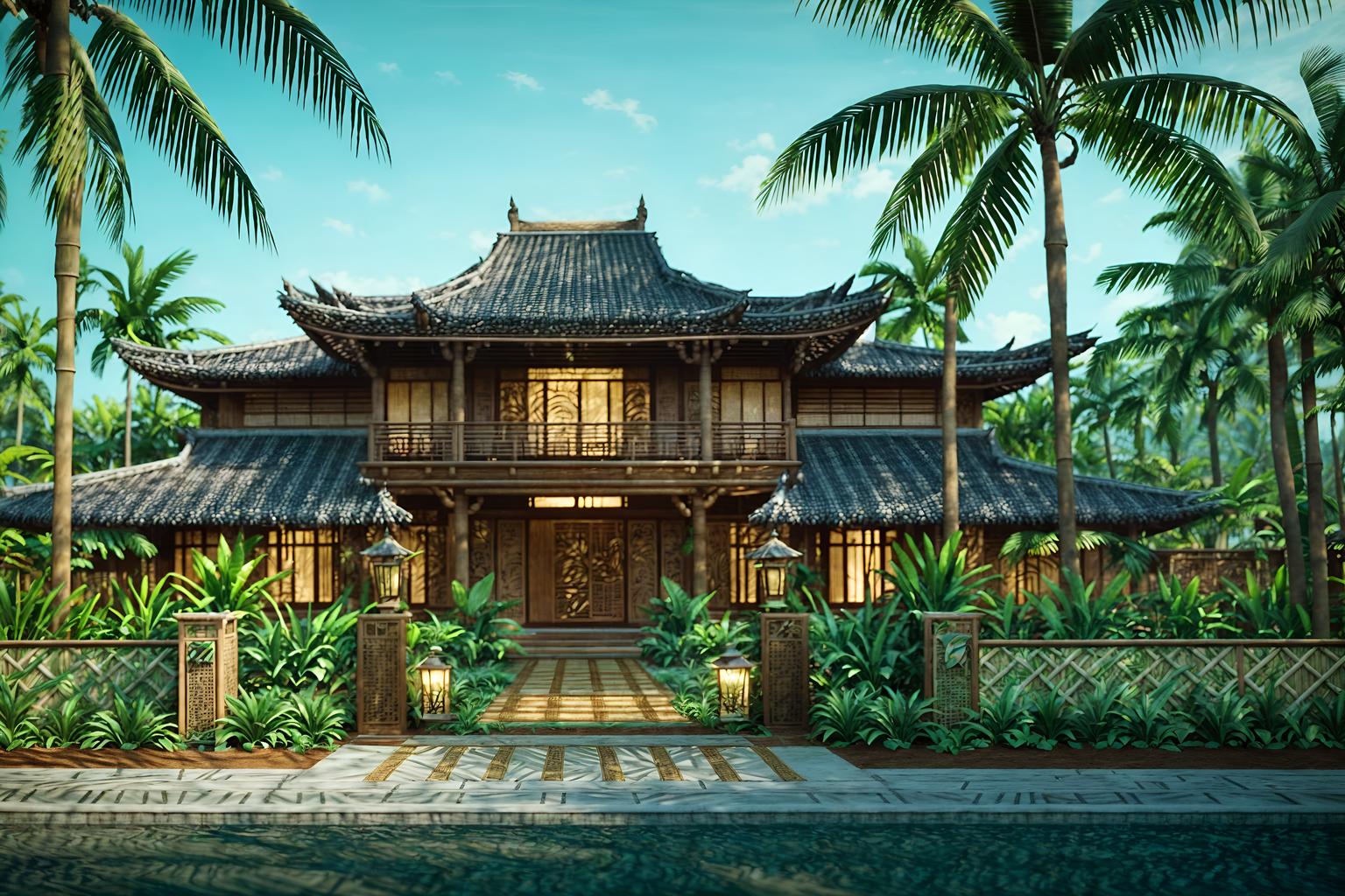 tropical-style exterior designed (house exterior exterior) . with cane motifs and bamboo and lattice prints and palm trees and wicker and teak and palm leaves and rattan. . cinematic photo, highly detailed, cinematic lighting, ultra-detailed, ultrarealistic, photorealism, 8k. tropical exterior design style. masterpiece, cinematic light, ultrarealistic+, photorealistic+, 8k, raw photo, realistic, sharp focus on eyes, (symmetrical eyes), (intact eyes), hyperrealistic, highest quality, best quality, , highly detailed, masterpiece, best quality, extremely detailed 8k wallpaper, masterpiece, best quality, ultra-detailed, best shadow, detailed background, detailed face, detailed eyes, high contrast, best illumination, detailed face, dulux, caustic, dynamic angle, detailed glow. dramatic lighting. highly detailed, insanely detailed hair, symmetrical, intricate details, professionally retouched, 8k high definition. strong bokeh. award winning photo.