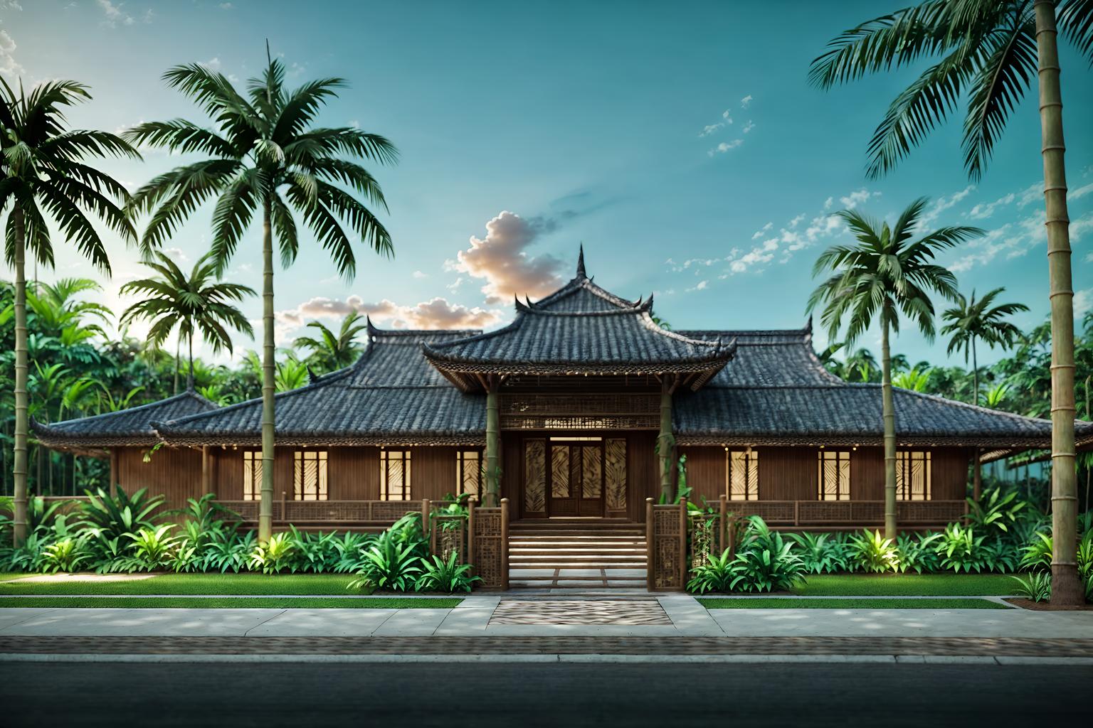 tropical-style exterior designed (house exterior exterior) . with cane motifs and bamboo and lattice prints and palm trees and wicker and teak and palm leaves and rattan. . cinematic photo, highly detailed, cinematic lighting, ultra-detailed, ultrarealistic, photorealism, 8k. tropical exterior design style. masterpiece, cinematic light, ultrarealistic+, photorealistic+, 8k, raw photo, realistic, sharp focus on eyes, (symmetrical eyes), (intact eyes), hyperrealistic, highest quality, best quality, , highly detailed, masterpiece, best quality, extremely detailed 8k wallpaper, masterpiece, best quality, ultra-detailed, best shadow, detailed background, detailed face, detailed eyes, high contrast, best illumination, detailed face, dulux, caustic, dynamic angle, detailed glow. dramatic lighting. highly detailed, insanely detailed hair, symmetrical, intricate details, professionally retouched, 8k high definition. strong bokeh. award winning photo.