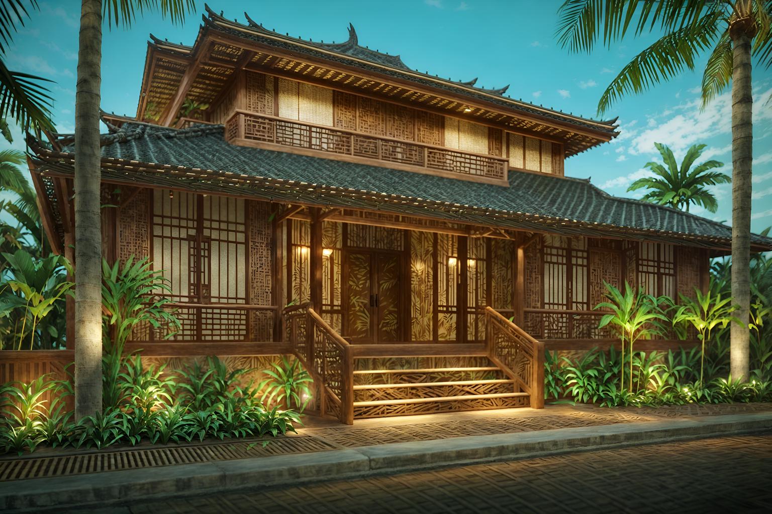 tropical-style exterior designed (house exterior exterior) . with cane motifs and bamboo and lattice prints and palm trees and wicker and teak and palm leaves and rattan. . cinematic photo, highly detailed, cinematic lighting, ultra-detailed, ultrarealistic, photorealism, 8k. tropical exterior design style. masterpiece, cinematic light, ultrarealistic+, photorealistic+, 8k, raw photo, realistic, sharp focus on eyes, (symmetrical eyes), (intact eyes), hyperrealistic, highest quality, best quality, , highly detailed, masterpiece, best quality, extremely detailed 8k wallpaper, masterpiece, best quality, ultra-detailed, best shadow, detailed background, detailed face, detailed eyes, high contrast, best illumination, detailed face, dulux, caustic, dynamic angle, detailed glow. dramatic lighting. highly detailed, insanely detailed hair, symmetrical, intricate details, professionally retouched, 8k high definition. strong bokeh. award winning photo.