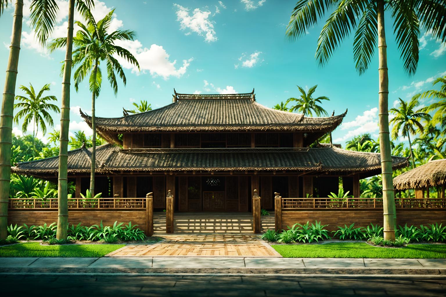 tropical-style exterior designed (house exterior exterior) . with cane motifs and bamboo and lattice prints and palm trees and wicker and teak and palm leaves and rattan. . cinematic photo, highly detailed, cinematic lighting, ultra-detailed, ultrarealistic, photorealism, 8k. tropical exterior design style. masterpiece, cinematic light, ultrarealistic+, photorealistic+, 8k, raw photo, realistic, sharp focus on eyes, (symmetrical eyes), (intact eyes), hyperrealistic, highest quality, best quality, , highly detailed, masterpiece, best quality, extremely detailed 8k wallpaper, masterpiece, best quality, ultra-detailed, best shadow, detailed background, detailed face, detailed eyes, high contrast, best illumination, detailed face, dulux, caustic, dynamic angle, detailed glow. dramatic lighting. highly detailed, insanely detailed hair, symmetrical, intricate details, professionally retouched, 8k high definition. strong bokeh. award winning photo.