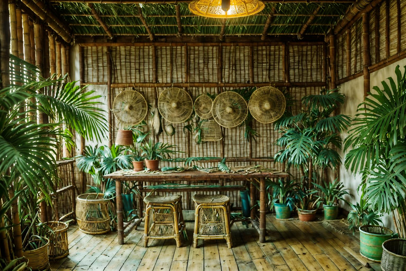 tropical-style (workshop interior) with messy and wooden workbench and tool wall and messy. . with rattan and palm trees and teak and lattice prints and wicker and palm leaves and cane motifs and bamboo. . cinematic photo, highly detailed, cinematic lighting, ultra-detailed, ultrarealistic, photorealism, 8k. tropical interior design style. masterpiece, cinematic light, ultrarealistic+, photorealistic+, 8k, raw photo, realistic, sharp focus on eyes, (symmetrical eyes), (intact eyes), hyperrealistic, highest quality, best quality, , highly detailed, masterpiece, best quality, extremely detailed 8k wallpaper, masterpiece, best quality, ultra-detailed, best shadow, detailed background, detailed face, detailed eyes, high contrast, best illumination, detailed face, dulux, caustic, dynamic angle, detailed glow. dramatic lighting. highly detailed, insanely detailed hair, symmetrical, intricate details, professionally retouched, 8k high definition. strong bokeh. award winning photo.