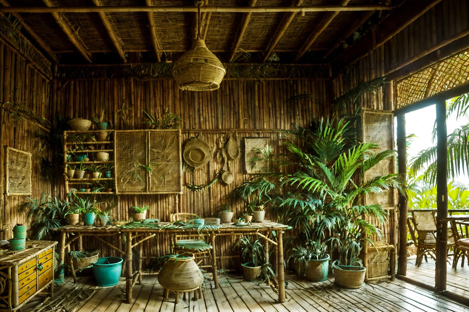 tropical-style (workshop interior) with messy and wooden workbench and tool wall and messy. . with rattan and palm trees and teak and lattice prints and wicker and palm leaves and cane motifs and bamboo. . cinematic photo, highly detailed, cinematic lighting, ultra-detailed, ultrarealistic, photorealism, 8k. tropical interior design style. masterpiece, cinematic light, ultrarealistic+, photorealistic+, 8k, raw photo, realistic, sharp focus on eyes, (symmetrical eyes), (intact eyes), hyperrealistic, highest quality, best quality, , highly detailed, masterpiece, best quality, extremely detailed 8k wallpaper, masterpiece, best quality, ultra-detailed, best shadow, detailed background, detailed face, detailed eyes, high contrast, best illumination, detailed face, dulux, caustic, dynamic angle, detailed glow. dramatic lighting. highly detailed, insanely detailed hair, symmetrical, intricate details, professionally retouched, 8k high definition. strong bokeh. award winning photo.