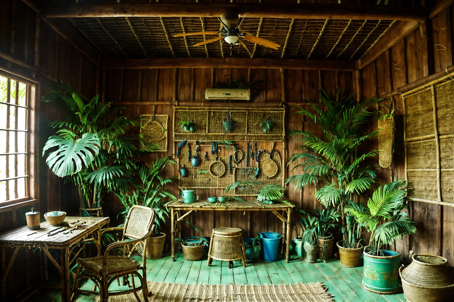 tropical-style (workshop interior) with messy and wooden workbench and tool wall and messy. . with rattan and palm trees and teak and lattice prints and wicker and palm leaves and cane motifs and bamboo. . cinematic photo, highly detailed, cinematic lighting, ultra-detailed, ultrarealistic, photorealism, 8k. tropical interior design style. masterpiece, cinematic light, ultrarealistic+, photorealistic+, 8k, raw photo, realistic, sharp focus on eyes, (symmetrical eyes), (intact eyes), hyperrealistic, highest quality, best quality, , highly detailed, masterpiece, best quality, extremely detailed 8k wallpaper, masterpiece, best quality, ultra-detailed, best shadow, detailed background, detailed face, detailed eyes, high contrast, best illumination, detailed face, dulux, caustic, dynamic angle, detailed glow. dramatic lighting. highly detailed, insanely detailed hair, symmetrical, intricate details, professionally retouched, 8k high definition. strong bokeh. award winning photo.