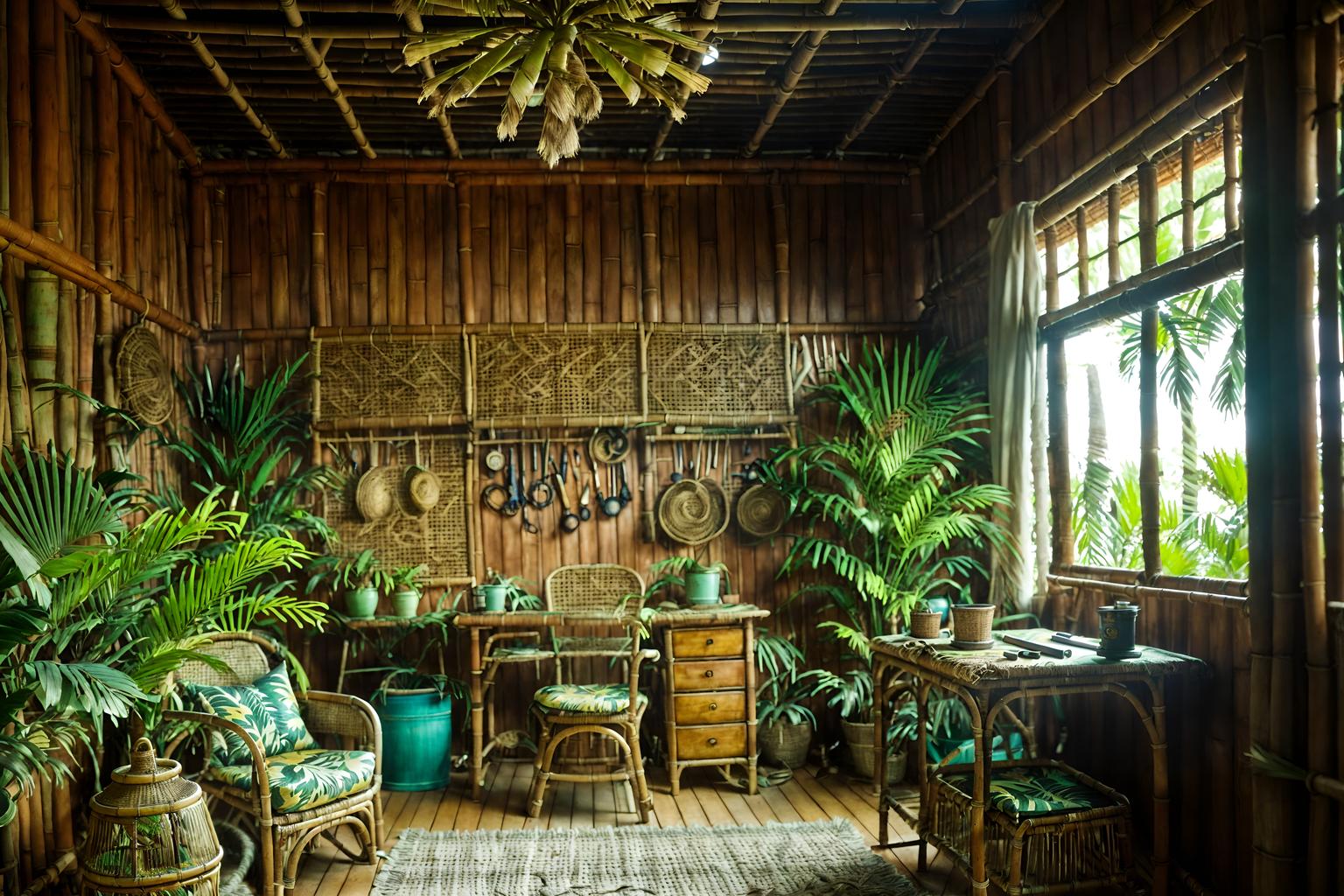 tropical-style (workshop interior) with messy and wooden workbench and tool wall and messy. . with rattan and palm trees and teak and lattice prints and wicker and palm leaves and cane motifs and bamboo. . cinematic photo, highly detailed, cinematic lighting, ultra-detailed, ultrarealistic, photorealism, 8k. tropical interior design style. masterpiece, cinematic light, ultrarealistic+, photorealistic+, 8k, raw photo, realistic, sharp focus on eyes, (symmetrical eyes), (intact eyes), hyperrealistic, highest quality, best quality, , highly detailed, masterpiece, best quality, extremely detailed 8k wallpaper, masterpiece, best quality, ultra-detailed, best shadow, detailed background, detailed face, detailed eyes, high contrast, best illumination, detailed face, dulux, caustic, dynamic angle, detailed glow. dramatic lighting. highly detailed, insanely detailed hair, symmetrical, intricate details, professionally retouched, 8k high definition. strong bokeh. award winning photo.