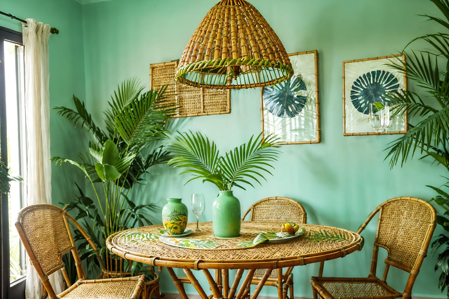 tropical-style (dining room interior) with plates, cutlery and glasses on dining table and table cloth and painting or photo on wall and plant and bookshelves and dining table and light or chandelier and vase. . with lattice prints and palm trees and rattan and palm leaves and cane motifs and bamboo and wicker and teak. . cinematic photo, highly detailed, cinematic lighting, ultra-detailed, ultrarealistic, photorealism, 8k. tropical interior design style. masterpiece, cinematic light, ultrarealistic+, photorealistic+, 8k, raw photo, realistic, sharp focus on eyes, (symmetrical eyes), (intact eyes), hyperrealistic, highest quality, best quality, , highly detailed, masterpiece, best quality, extremely detailed 8k wallpaper, masterpiece, best quality, ultra-detailed, best shadow, detailed background, detailed face, detailed eyes, high contrast, best illumination, detailed face, dulux, caustic, dynamic angle, detailed glow. dramatic lighting. highly detailed, insanely detailed hair, symmetrical, intricate details, professionally retouched, 8k high definition. strong bokeh. award winning photo.