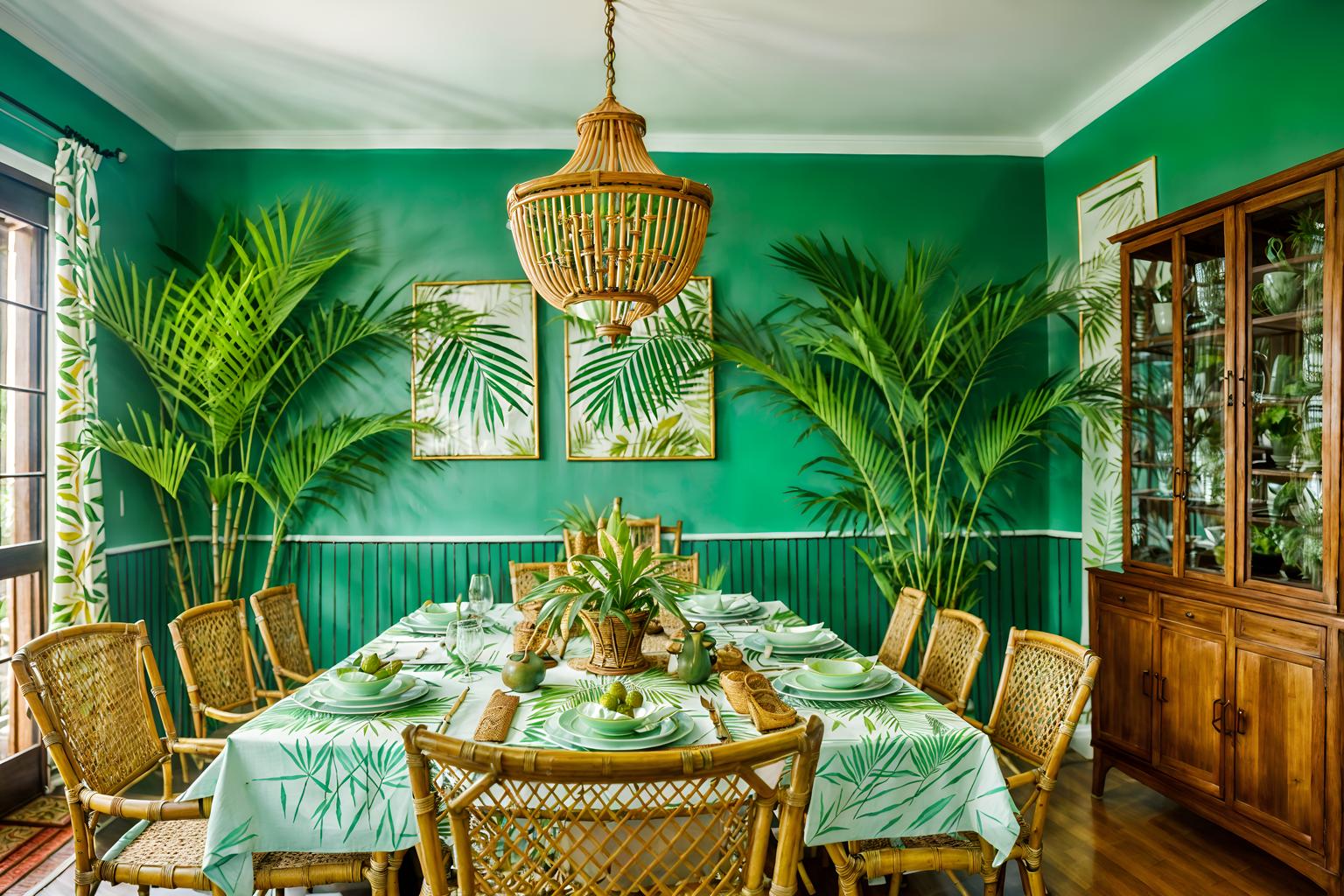 tropical-style (dining room interior) with plates, cutlery and glasses on dining table and table cloth and painting or photo on wall and plant and bookshelves and dining table and light or chandelier and vase. . with lattice prints and palm trees and rattan and palm leaves and cane motifs and bamboo and wicker and teak. . cinematic photo, highly detailed, cinematic lighting, ultra-detailed, ultrarealistic, photorealism, 8k. tropical interior design style. masterpiece, cinematic light, ultrarealistic+, photorealistic+, 8k, raw photo, realistic, sharp focus on eyes, (symmetrical eyes), (intact eyes), hyperrealistic, highest quality, best quality, , highly detailed, masterpiece, best quality, extremely detailed 8k wallpaper, masterpiece, best quality, ultra-detailed, best shadow, detailed background, detailed face, detailed eyes, high contrast, best illumination, detailed face, dulux, caustic, dynamic angle, detailed glow. dramatic lighting. highly detailed, insanely detailed hair, symmetrical, intricate details, professionally retouched, 8k high definition. strong bokeh. award winning photo.