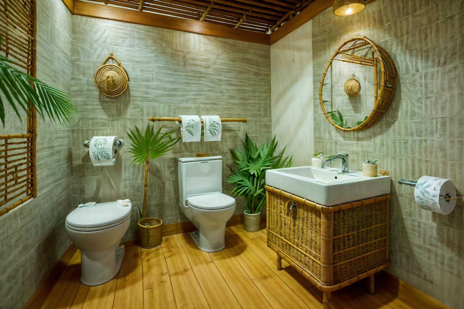 tropical-style (toilet interior) with toilet paper hanger and sink with tap and toilet with toilet seat up and toilet paper hanger. . with wicker and palm leaves and rattan and cane motifs and lattice prints and bamboo and teak and palm trees. . cinematic photo, highly detailed, cinematic lighting, ultra-detailed, ultrarealistic, photorealism, 8k. tropical interior design style. masterpiece, cinematic light, ultrarealistic+, photorealistic+, 8k, raw photo, realistic, sharp focus on eyes, (symmetrical eyes), (intact eyes), hyperrealistic, highest quality, best quality, , highly detailed, masterpiece, best quality, extremely detailed 8k wallpaper, masterpiece, best quality, ultra-detailed, best shadow, detailed background, detailed face, detailed eyes, high contrast, best illumination, detailed face, dulux, caustic, dynamic angle, detailed glow. dramatic lighting. highly detailed, insanely detailed hair, symmetrical, intricate details, professionally retouched, 8k high definition. strong bokeh. award winning photo.