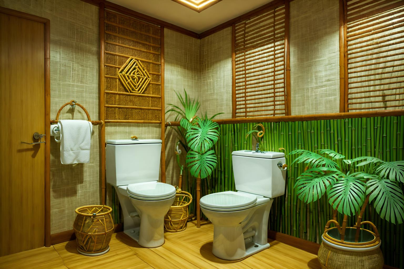tropical-style (toilet interior) with toilet paper hanger and sink with tap and toilet with toilet seat up and toilet paper hanger. . with wicker and palm leaves and rattan and cane motifs and lattice prints and bamboo and teak and palm trees. . cinematic photo, highly detailed, cinematic lighting, ultra-detailed, ultrarealistic, photorealism, 8k. tropical interior design style. masterpiece, cinematic light, ultrarealistic+, photorealistic+, 8k, raw photo, realistic, sharp focus on eyes, (symmetrical eyes), (intact eyes), hyperrealistic, highest quality, best quality, , highly detailed, masterpiece, best quality, extremely detailed 8k wallpaper, masterpiece, best quality, ultra-detailed, best shadow, detailed background, detailed face, detailed eyes, high contrast, best illumination, detailed face, dulux, caustic, dynamic angle, detailed glow. dramatic lighting. highly detailed, insanely detailed hair, symmetrical, intricate details, professionally retouched, 8k high definition. strong bokeh. award winning photo.