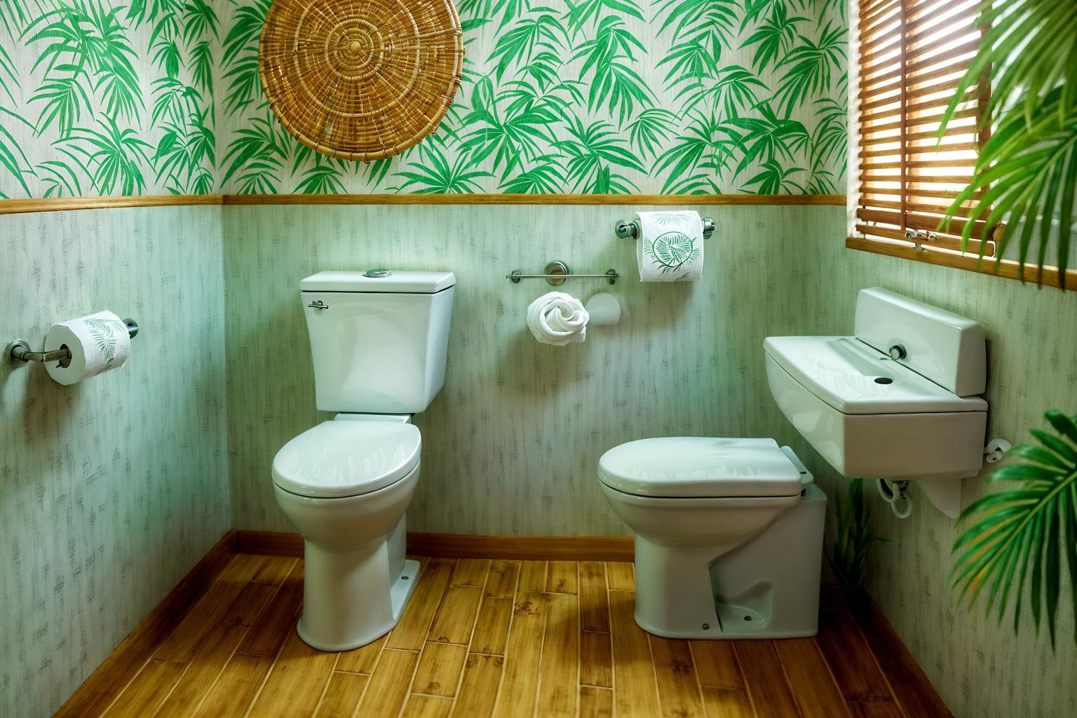 tropical-style (toilet interior) with toilet paper hanger and sink with tap and toilet with toilet seat up and toilet paper hanger. . with wicker and palm leaves and rattan and cane motifs and lattice prints and bamboo and teak and palm trees. . cinematic photo, highly detailed, cinematic lighting, ultra-detailed, ultrarealistic, photorealism, 8k. tropical interior design style. masterpiece, cinematic light, ultrarealistic+, photorealistic+, 8k, raw photo, realistic, sharp focus on eyes, (symmetrical eyes), (intact eyes), hyperrealistic, highest quality, best quality, , highly detailed, masterpiece, best quality, extremely detailed 8k wallpaper, masterpiece, best quality, ultra-detailed, best shadow, detailed background, detailed face, detailed eyes, high contrast, best illumination, detailed face, dulux, caustic, dynamic angle, detailed glow. dramatic lighting. highly detailed, insanely detailed hair, symmetrical, intricate details, professionally retouched, 8k high definition. strong bokeh. award winning photo.