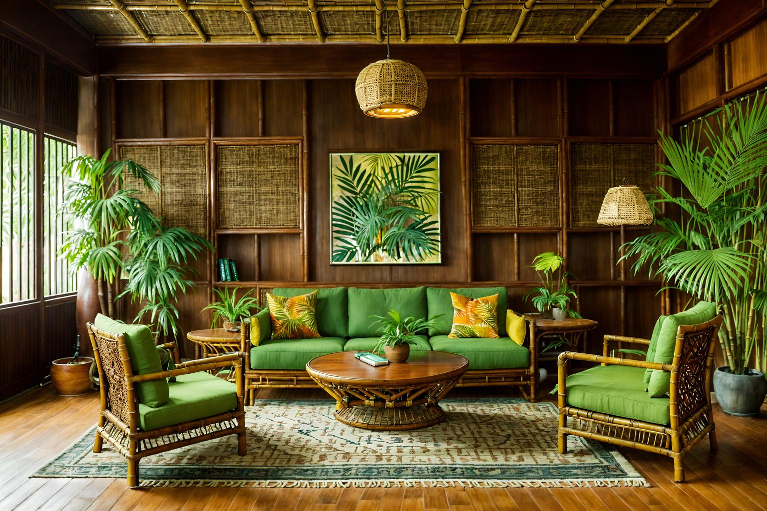 tropical-style (living room interior) with plant and coffee tables and televisions and rug and electric lamps and occasional tables and sofa and bookshelves. . with bamboo and palm trees and teak and lattice prints and wicker and palm leaves and cane motifs and rattan. . cinematic photo, highly detailed, cinematic lighting, ultra-detailed, ultrarealistic, photorealism, 8k. tropical interior design style. masterpiece, cinematic light, ultrarealistic+, photorealistic+, 8k, raw photo, realistic, sharp focus on eyes, (symmetrical eyes), (intact eyes), hyperrealistic, highest quality, best quality, , highly detailed, masterpiece, best quality, extremely detailed 8k wallpaper, masterpiece, best quality, ultra-detailed, best shadow, detailed background, detailed face, detailed eyes, high contrast, best illumination, detailed face, dulux, caustic, dynamic angle, detailed glow. dramatic lighting. highly detailed, insanely detailed hair, symmetrical, intricate details, professionally retouched, 8k high definition. strong bokeh. award winning photo.