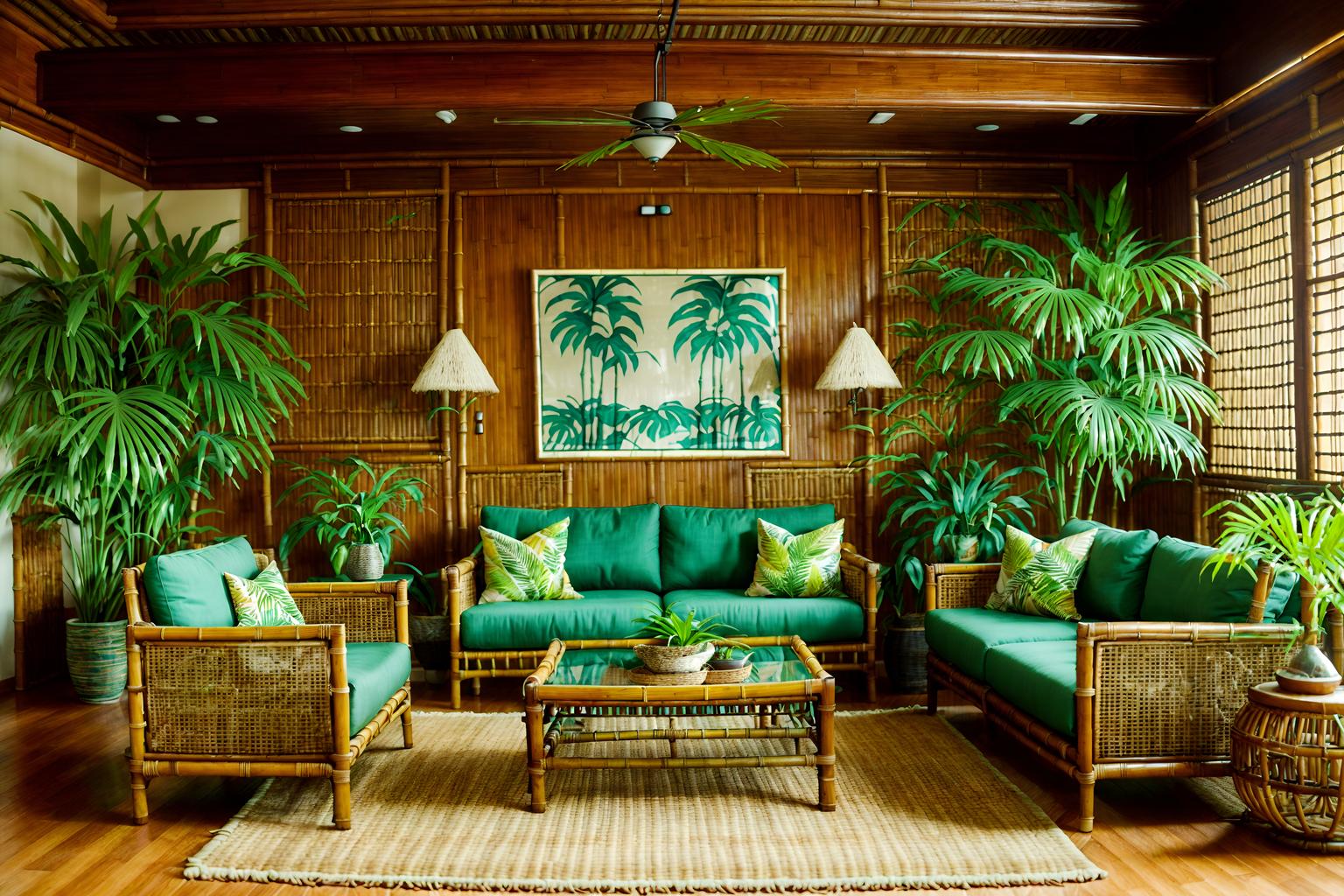 tropical-style (living room interior) with plant and coffee tables and televisions and rug and electric lamps and occasional tables and sofa and bookshelves. . with bamboo and palm trees and teak and lattice prints and wicker and palm leaves and cane motifs and rattan. . cinematic photo, highly detailed, cinematic lighting, ultra-detailed, ultrarealistic, photorealism, 8k. tropical interior design style. masterpiece, cinematic light, ultrarealistic+, photorealistic+, 8k, raw photo, realistic, sharp focus on eyes, (symmetrical eyes), (intact eyes), hyperrealistic, highest quality, best quality, , highly detailed, masterpiece, best quality, extremely detailed 8k wallpaper, masterpiece, best quality, ultra-detailed, best shadow, detailed background, detailed face, detailed eyes, high contrast, best illumination, detailed face, dulux, caustic, dynamic angle, detailed glow. dramatic lighting. highly detailed, insanely detailed hair, symmetrical, intricate details, professionally retouched, 8k high definition. strong bokeh. award winning photo.