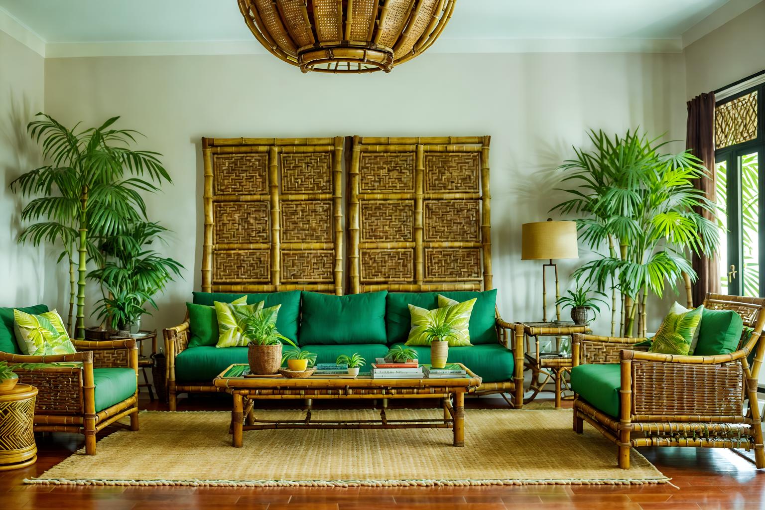 tropical-style (living room interior) with plant and coffee tables and televisions and rug and electric lamps and occasional tables and sofa and bookshelves. . with bamboo and palm trees and teak and lattice prints and wicker and palm leaves and cane motifs and rattan. . cinematic photo, highly detailed, cinematic lighting, ultra-detailed, ultrarealistic, photorealism, 8k. tropical interior design style. masterpiece, cinematic light, ultrarealistic+, photorealistic+, 8k, raw photo, realistic, sharp focus on eyes, (symmetrical eyes), (intact eyes), hyperrealistic, highest quality, best quality, , highly detailed, masterpiece, best quality, extremely detailed 8k wallpaper, masterpiece, best quality, ultra-detailed, best shadow, detailed background, detailed face, detailed eyes, high contrast, best illumination, detailed face, dulux, caustic, dynamic angle, detailed glow. dramatic lighting. highly detailed, insanely detailed hair, symmetrical, intricate details, professionally retouched, 8k high definition. strong bokeh. award winning photo.