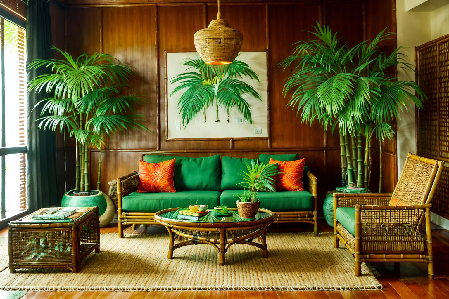 tropical-style (living room interior) with plant and coffee tables and televisions and rug and electric lamps and occasional tables and sofa and bookshelves. . with bamboo and palm trees and teak and lattice prints and wicker and palm leaves and cane motifs and rattan. . cinematic photo, highly detailed, cinematic lighting, ultra-detailed, ultrarealistic, photorealism, 8k. tropical interior design style. masterpiece, cinematic light, ultrarealistic+, photorealistic+, 8k, raw photo, realistic, sharp focus on eyes, (symmetrical eyes), (intact eyes), hyperrealistic, highest quality, best quality, , highly detailed, masterpiece, best quality, extremely detailed 8k wallpaper, masterpiece, best quality, ultra-detailed, best shadow, detailed background, detailed face, detailed eyes, high contrast, best illumination, detailed face, dulux, caustic, dynamic angle, detailed glow. dramatic lighting. highly detailed, insanely detailed hair, symmetrical, intricate details, professionally retouched, 8k high definition. strong bokeh. award winning photo.