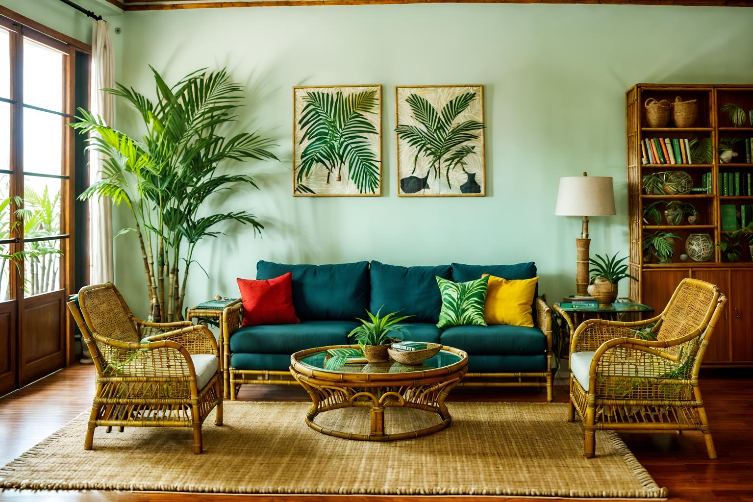 tropical-style (living room interior) with plant and coffee tables and televisions and rug and electric lamps and occasional tables and sofa and bookshelves. . with bamboo and palm trees and teak and lattice prints and wicker and palm leaves and cane motifs and rattan. . cinematic photo, highly detailed, cinematic lighting, ultra-detailed, ultrarealistic, photorealism, 8k. tropical interior design style. masterpiece, cinematic light, ultrarealistic+, photorealistic+, 8k, raw photo, realistic, sharp focus on eyes, (symmetrical eyes), (intact eyes), hyperrealistic, highest quality, best quality, , highly detailed, masterpiece, best quality, extremely detailed 8k wallpaper, masterpiece, best quality, ultra-detailed, best shadow, detailed background, detailed face, detailed eyes, high contrast, best illumination, detailed face, dulux, caustic, dynamic angle, detailed glow. dramatic lighting. highly detailed, insanely detailed hair, symmetrical, intricate details, professionally retouched, 8k high definition. strong bokeh. award winning photo.
