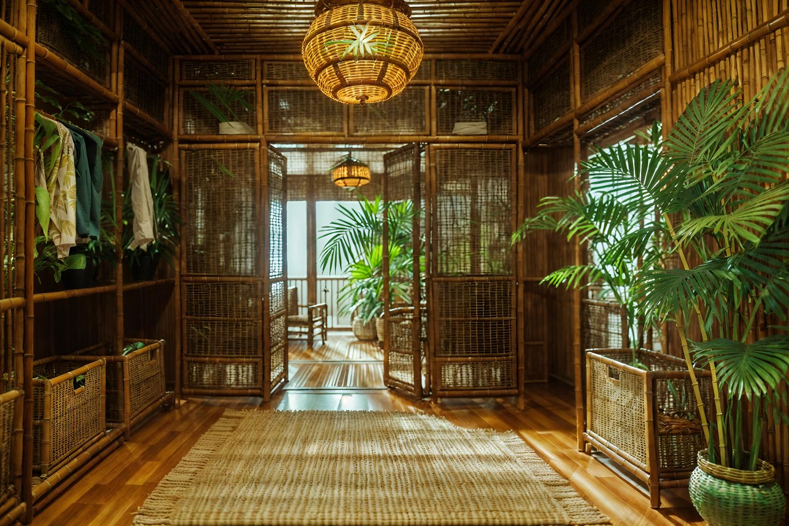 tropical-style (walk in closet interior) . with cane motifs and lattice prints and palm leaves and bamboo and teak and rattan and wicker and palm trees. . cinematic photo, highly detailed, cinematic lighting, ultra-detailed, ultrarealistic, photorealism, 8k. tropical interior design style. masterpiece, cinematic light, ultrarealistic+, photorealistic+, 8k, raw photo, realistic, sharp focus on eyes, (symmetrical eyes), (intact eyes), hyperrealistic, highest quality, best quality, , highly detailed, masterpiece, best quality, extremely detailed 8k wallpaper, masterpiece, best quality, ultra-detailed, best shadow, detailed background, detailed face, detailed eyes, high contrast, best illumination, detailed face, dulux, caustic, dynamic angle, detailed glow. dramatic lighting. highly detailed, insanely detailed hair, symmetrical, intricate details, professionally retouched, 8k high definition. strong bokeh. award winning photo.