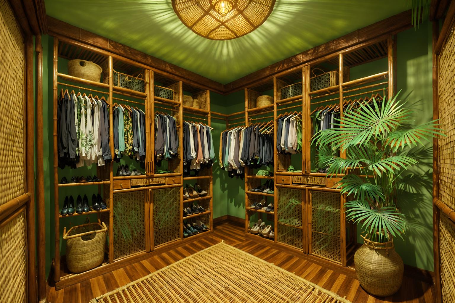 tropical-style (walk in closet interior) . with cane motifs and lattice prints and palm leaves and bamboo and teak and rattan and wicker and palm trees. . cinematic photo, highly detailed, cinematic lighting, ultra-detailed, ultrarealistic, photorealism, 8k. tropical interior design style. masterpiece, cinematic light, ultrarealistic+, photorealistic+, 8k, raw photo, realistic, sharp focus on eyes, (symmetrical eyes), (intact eyes), hyperrealistic, highest quality, best quality, , highly detailed, masterpiece, best quality, extremely detailed 8k wallpaper, masterpiece, best quality, ultra-detailed, best shadow, detailed background, detailed face, detailed eyes, high contrast, best illumination, detailed face, dulux, caustic, dynamic angle, detailed glow. dramatic lighting. highly detailed, insanely detailed hair, symmetrical, intricate details, professionally retouched, 8k high definition. strong bokeh. award winning photo.