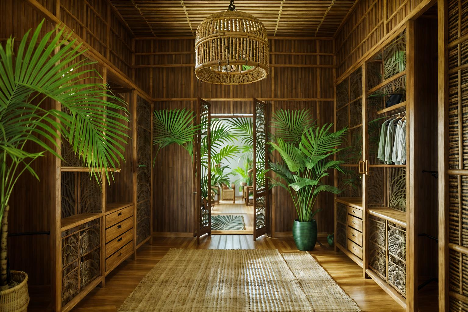 tropical-style (walk in closet interior) . with cane motifs and lattice prints and palm leaves and bamboo and teak and rattan and wicker and palm trees. . cinematic photo, highly detailed, cinematic lighting, ultra-detailed, ultrarealistic, photorealism, 8k. tropical interior design style. masterpiece, cinematic light, ultrarealistic+, photorealistic+, 8k, raw photo, realistic, sharp focus on eyes, (symmetrical eyes), (intact eyes), hyperrealistic, highest quality, best quality, , highly detailed, masterpiece, best quality, extremely detailed 8k wallpaper, masterpiece, best quality, ultra-detailed, best shadow, detailed background, detailed face, detailed eyes, high contrast, best illumination, detailed face, dulux, caustic, dynamic angle, detailed glow. dramatic lighting. highly detailed, insanely detailed hair, symmetrical, intricate details, professionally retouched, 8k high definition. strong bokeh. award winning photo.