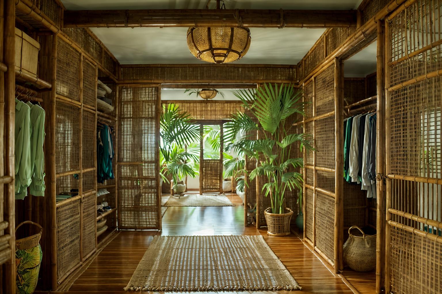 tropical-style (walk in closet interior) . with cane motifs and lattice prints and palm leaves and bamboo and teak and rattan and wicker and palm trees. . cinematic photo, highly detailed, cinematic lighting, ultra-detailed, ultrarealistic, photorealism, 8k. tropical interior design style. masterpiece, cinematic light, ultrarealistic+, photorealistic+, 8k, raw photo, realistic, sharp focus on eyes, (symmetrical eyes), (intact eyes), hyperrealistic, highest quality, best quality, , highly detailed, masterpiece, best quality, extremely detailed 8k wallpaper, masterpiece, best quality, ultra-detailed, best shadow, detailed background, detailed face, detailed eyes, high contrast, best illumination, detailed face, dulux, caustic, dynamic angle, detailed glow. dramatic lighting. highly detailed, insanely detailed hair, symmetrical, intricate details, professionally retouched, 8k high definition. strong bokeh. award winning photo.